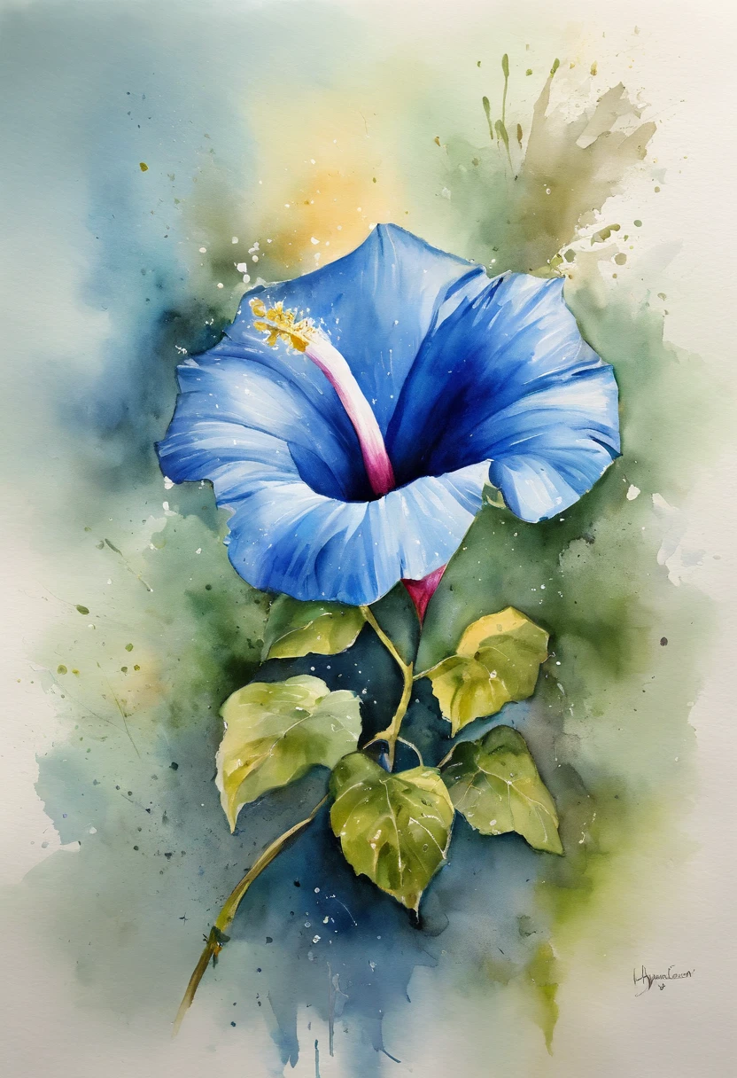 a Blue morning glory painting with a splatter background and spray paint effect, by Eugeniusz Zak, watercolor art, by Károly Lotz, watercolor painting, watercolor painting style, watercolor detailed art, by Reuben Tam, watercolor digital painting, watercolor, masterfully detailed watercolor, watercolor art, Grzegorz Rutkowski