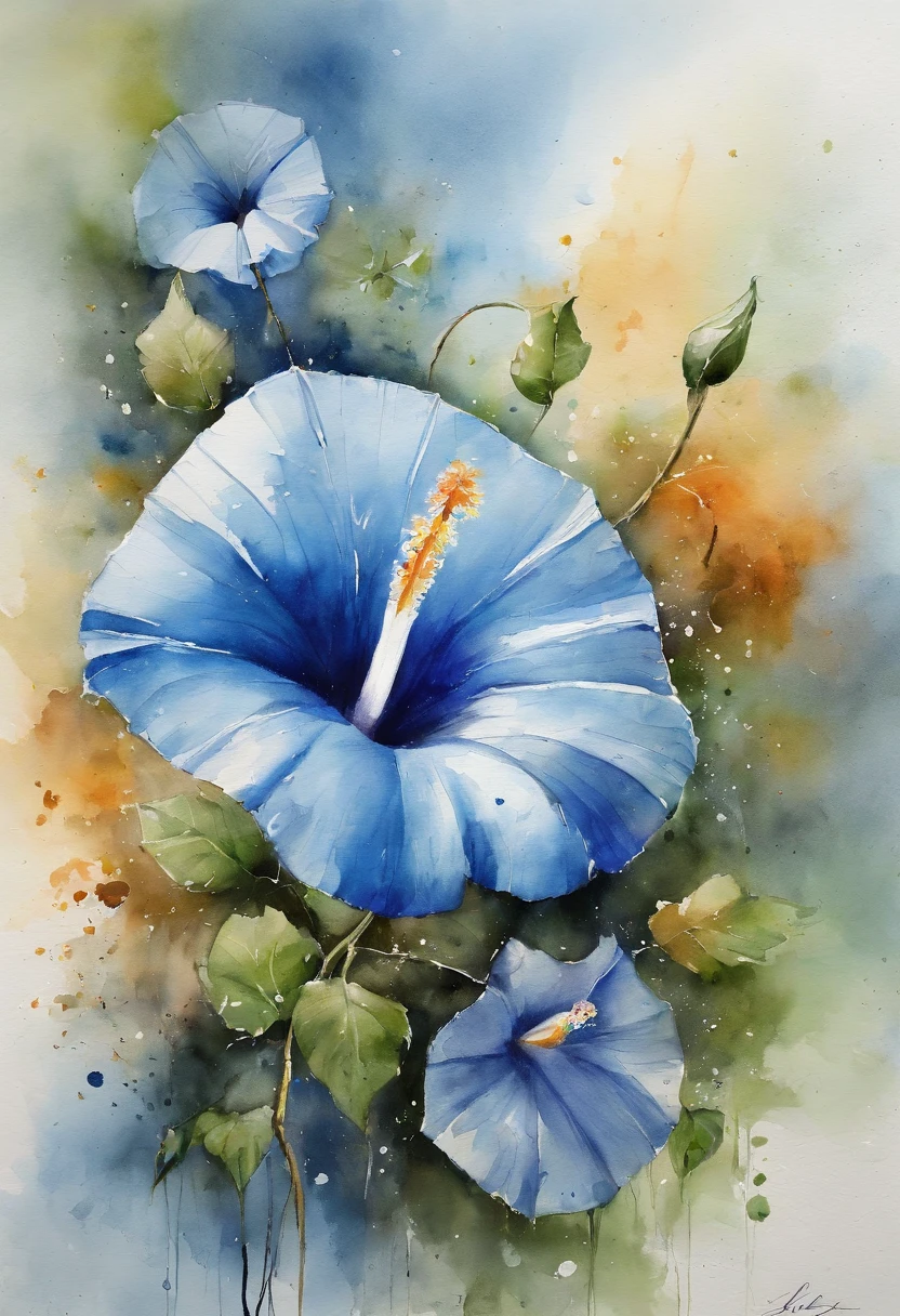 a Blue morning glory painting with a splatter background and spray paint effect, by Eugeniusz Zak, watercolor art, by Károly Lotz, watercolor painting, watercolor painting style, watercolor detailed art, by Reuben Tam, watercolor digital painting, watercolor, masterfully detailed watercolor, watercolor art, Grzegorz Rutkowski