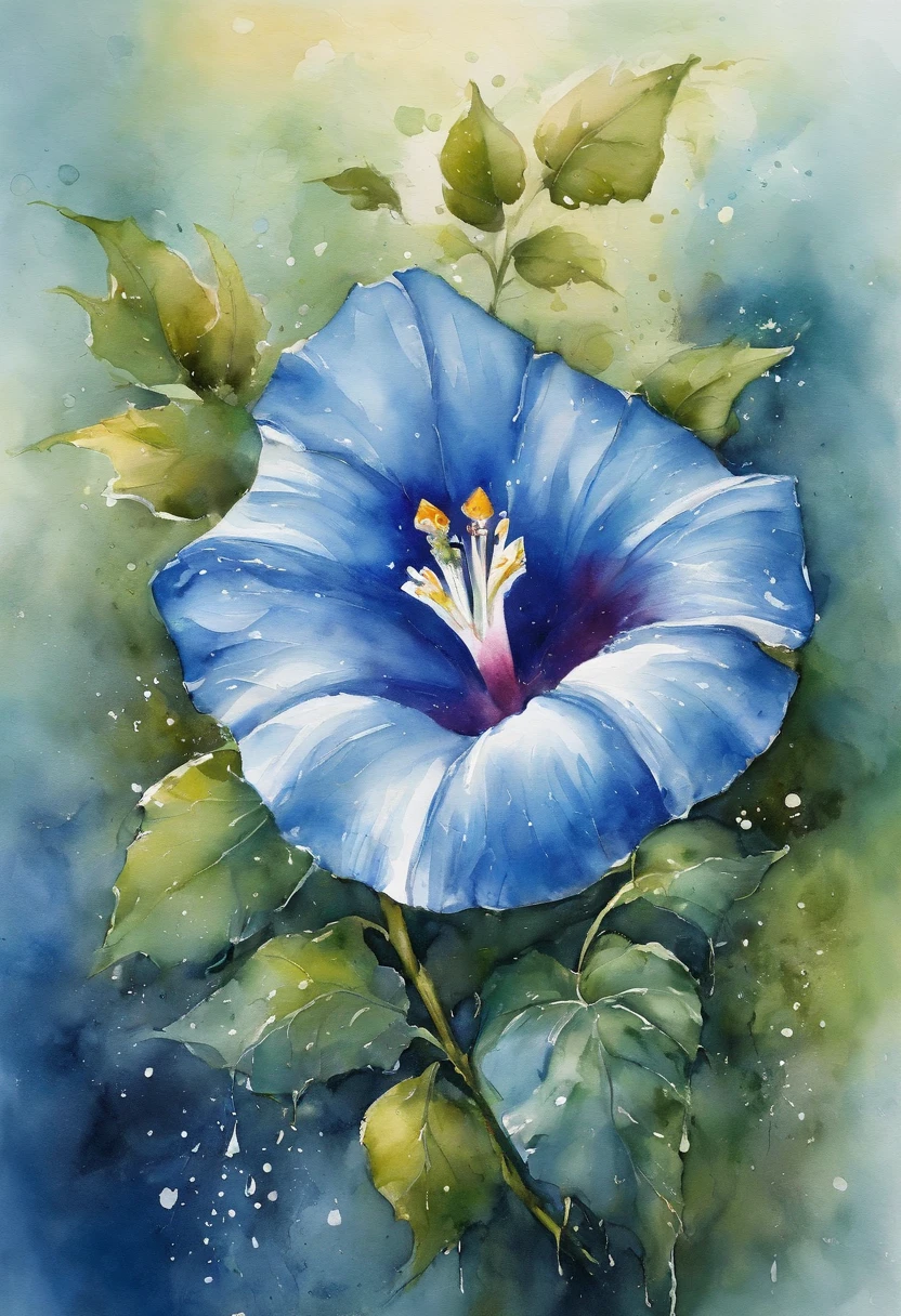 a Blue morning glory painting with a splatter background and spray paint effect, by Eugeniusz Zak, watercolor art, by Károly Lotz, watercolor painting, watercolor painting style, watercolor detailed art, by Reuben Tam, watercolor digital painting, watercolor, masterfully detailed watercolor, watercolor art, Grzegorz Rutkowski