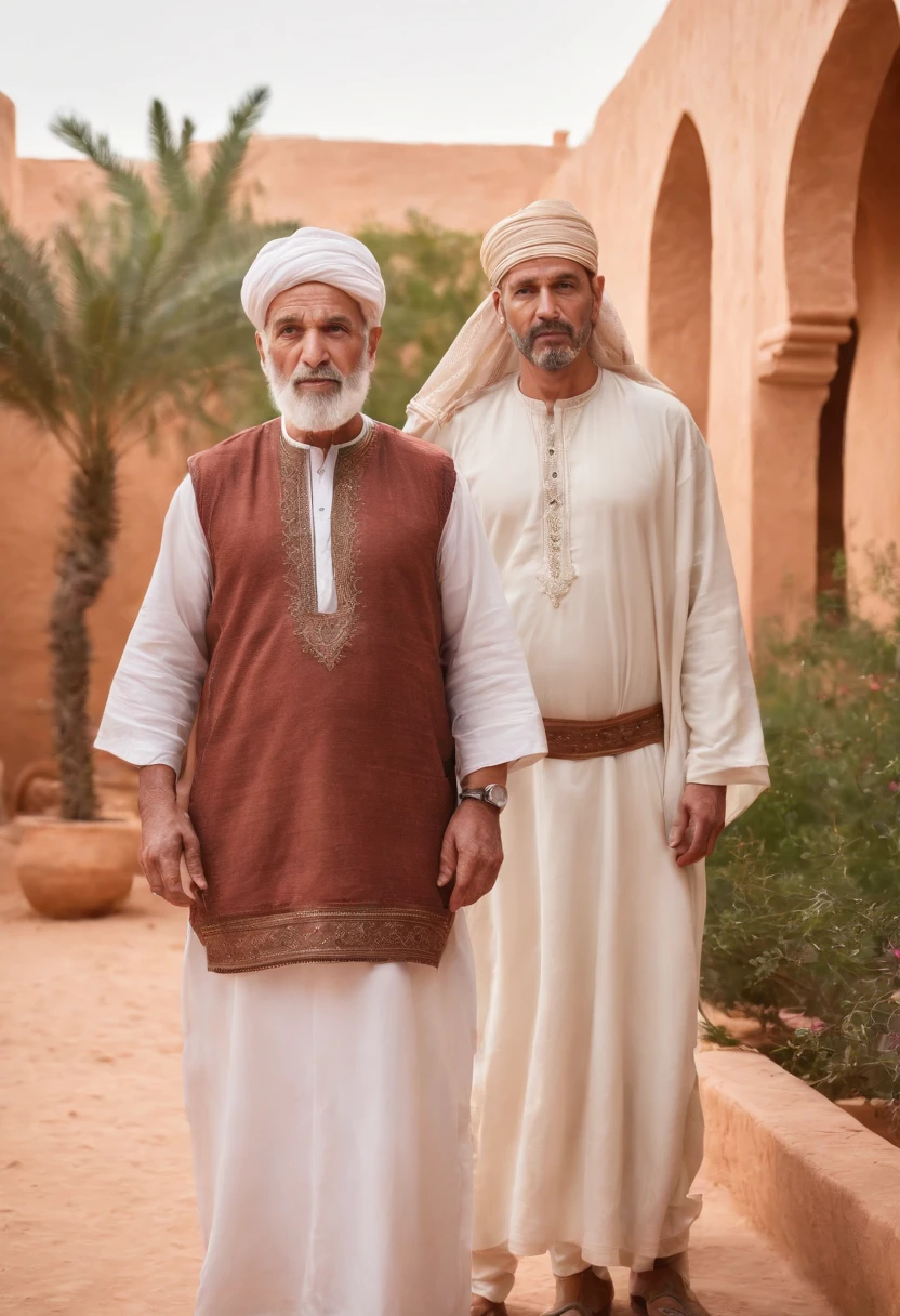 old man, Protector leader, With a long white beard and white skin,White dress, Wear full Moroccan uniform, Strong Body,Looking at the screen. highs quality, A 4K resolution, A highly detailed, and realistic pictures, Capture every intricate detail. The artwork resembles a traditional oil painting, With bright colors and a palette that reflects the warm colors of the Moroccan Sahara. The lighting is soft but illuminates the man's face, Display the deep lines and wisdom engraved on his features. surrounding him, Intricate patterns and motifs highlight Morocco's rich culture. The scene is set in a beautiful Moroccan garden, Filled with lush foliage, Blooming flowers, Water fountains workshops. The garden creates a calm and calm atmosphere, The old man wraps around in a tranquil oasis.