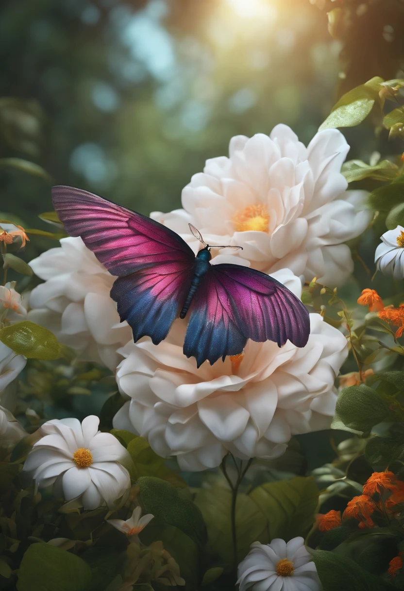 (best quality,3d rendering,ultra-detailed,realistic:1.2),heart-shaped wings,flowers,surrounded by nature,Heris and Yanis names,soft lighting,vivid colors