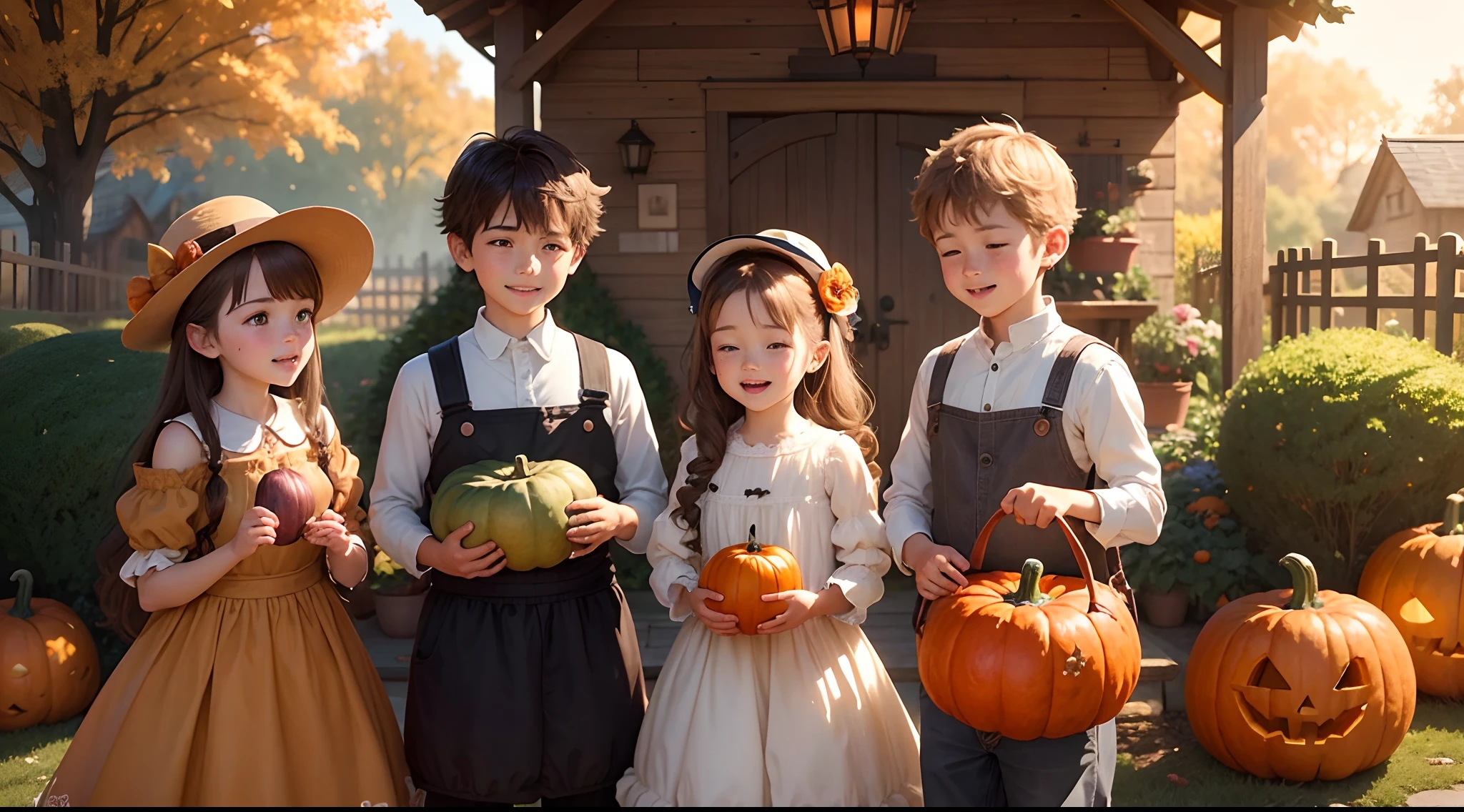 Fairy tale picture book，Children，Attentively，sin garden，Cute little animals around，Convivial , colorful, autumnal，Farmhouse's vegetable garden，Huge pumpkin harvest。An 8--old wn-haired boy，A 6 year olrandpa carrying a vegetable basket，Lie on a giant pumpkin, Max and Emma couldn't contain their excitement. They gathered around the pumpkin, each holding a carving tool, and set to work.