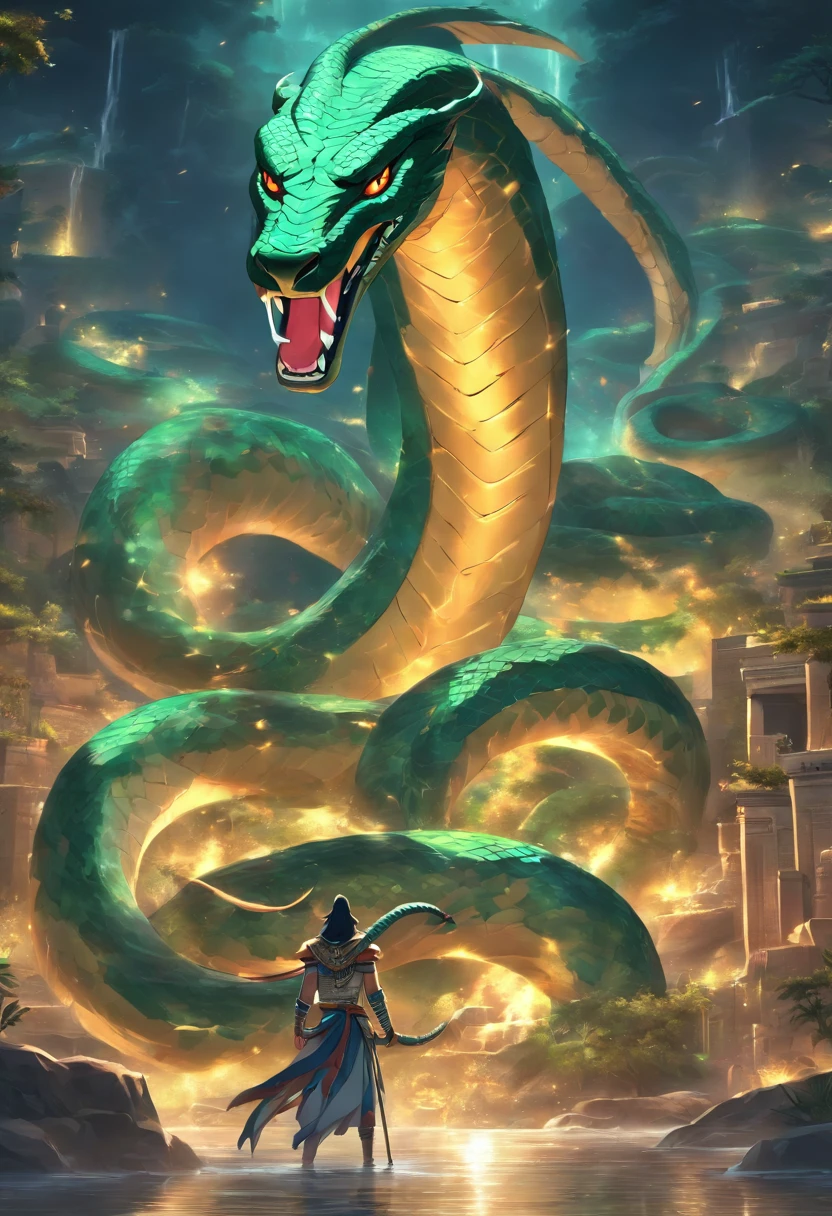 (((giant serpent))) best quality, very high resolution, 4K detailed CG, master piece, Egyptian mythology, Apophis, apep, Ancient Egypt, cobra serpent, giant serpent, night, river nile, stream, river, underworld, desert, Ancient Egypt, ((River of the underworld)), desert at night, aesthetics, Beautiful image, centered on the screen