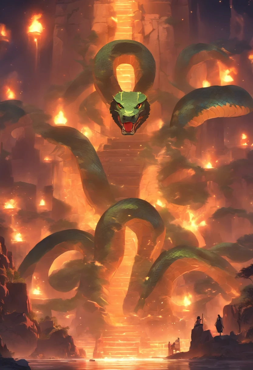 (((giant serpent))) best quality, very high resolution, 4K detailed CG, master piece, Egyptian mythology, Apophis, apep, Ancient Egypt, cobra serpent, giant serpent, night, river nile, stream, river, underworld, desert, Ancient Egypt, ((River of the underworld)), desert at night, aesthetics, Beautiful image, centered on the screen