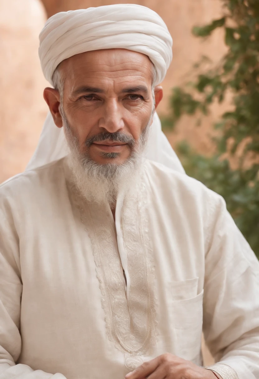 old man, Protector leader, With a long white beard and white skin,white dress, Wear full Moroccan uniform, Strong Body,Looking at the screen. highs quality, A 4K resolution, A highly detailed, and realistic pictures, Capture every intricate detail. The artwork resembles a traditional oil painting, With bright colors and a palette that reflects the warm colors of the Moroccan Sahara. The lighting is soft but illuminates the man's face, Display the deep lines and wisdom engraved on his features. surrounding him, Intricate patterns and motifs highlight Morocco's rich culture. The scene is set in a beautiful Moroccan garden, Filled with lush foliage, Blooming flowers, Water fountains workshops. The garden creates a calm and calm atmosphere, The old man wraps around in a tranquil oasis.