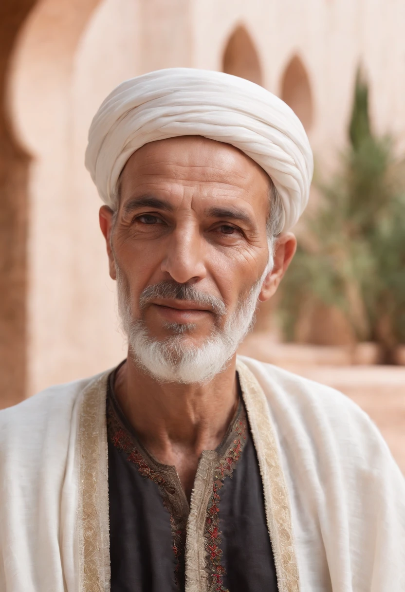 old man, Protector leader, With a long white beard and white skin,White dress, Wear full Moroccan uniform, Strong Body,Looking at the screen. highs quality, A 4K resolution, A highly detailed, and realistic pictures, Capture every intricate detail. The artwork resembles a traditional oil painting, With bright colors and a palette that reflects the warm colors of the Moroccan Sahara. The lighting is soft but illuminates the man's face, Display the deep lines and wisdom engraved on his features. surrounding him, Intricate patterns and motifs highlight Morocco's rich culture. The scene is set in a beautiful Moroccan garden, Filled with lush foliage, Blooming flowers, Water fountains workshops. The garden creates a calm and calm atmosphere, The old man wraps around in a tranquil oasis.