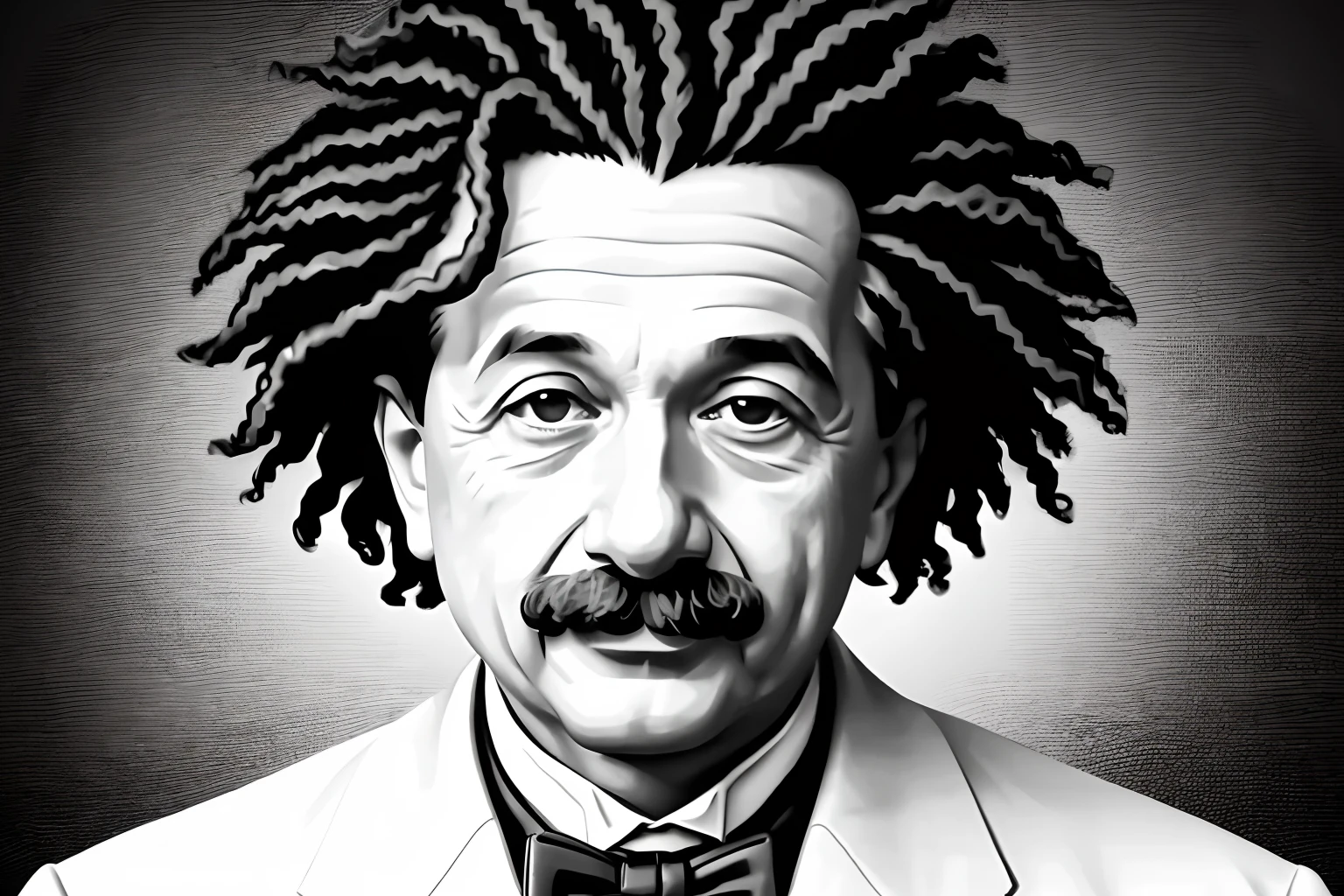 A sharp focus portrait of Albert Einstein with a black and white color scheme. The portrait should be a masterpiece with HDR and UHD quality. The composition should be complex and highly detailed. The texture should be smooth and glossy. The style should be realistic. The artists that are related to this style are: 1. Ziv Qual 2. Rafael Grassetti