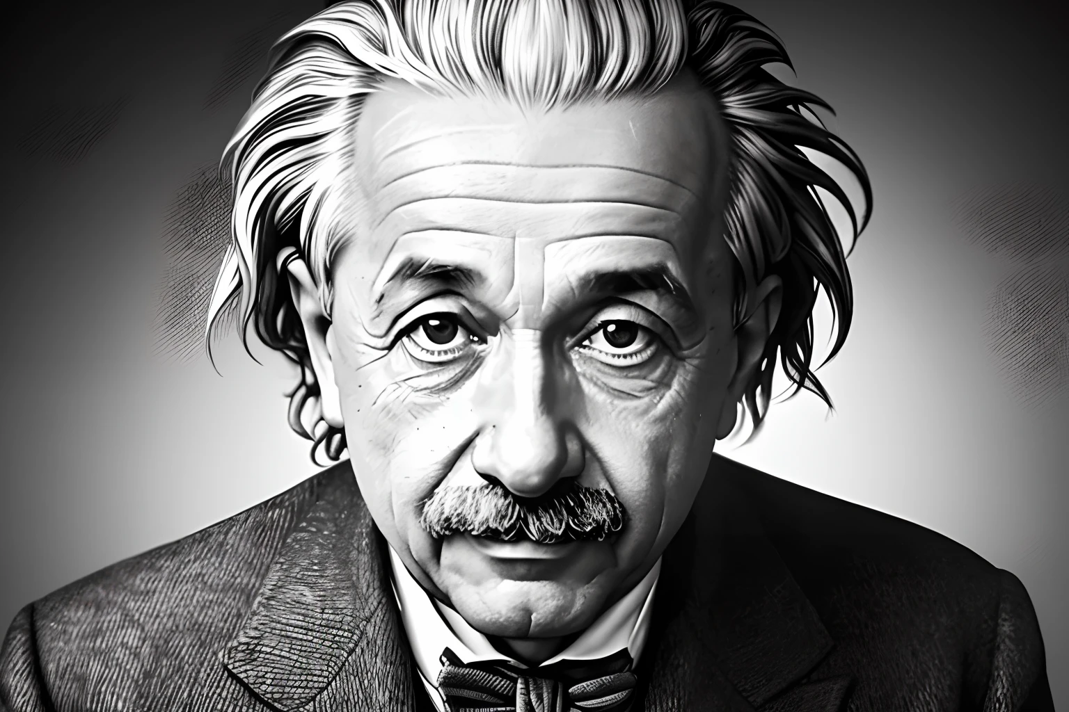 A sharp focus portrait of Albert Einstein with a black and white color scheme. The portrait should be a masterpiece with HDR and UHD quality. The composition should be complex and highly detailed. The texture should be smooth and glossy. The style should be realistic. The artists that are related to this style are: 1. Ziv Qual 2. Rafael Grassetti