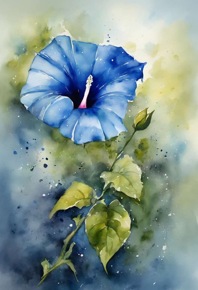 a Blue morning glory painting with a splatter background and spray paint effect, by Eugeniusz Zak, watercolor art, by Károly Lotz, watercolor painting, watercolor painting style, watercolor detailed art, by Reuben Tam, watercolor digital painting, watercolor, masterfully detailed watercolor, watercolor art, Grzegorz Rutkowski