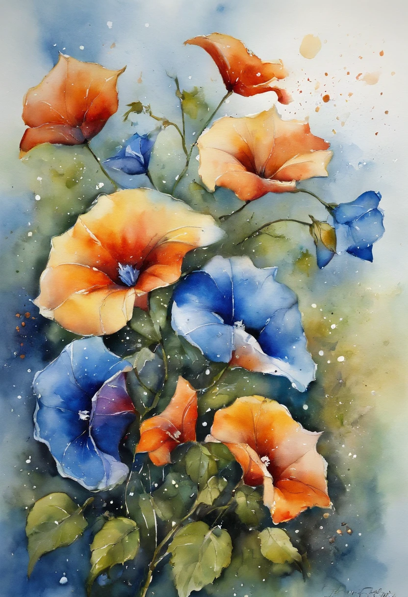 a Blue morning glory painting with a splatter background and spray paint effect, by Eugeniusz Zak, watercolor art, by Károly Lotz, watercolor painting, watercolor painting style, watercolor detailed art, by Reuben Tam, watercolor digital painting, watercolor, masterfully detailed watercolor, watercolor art, Grzegorz Rutkowski