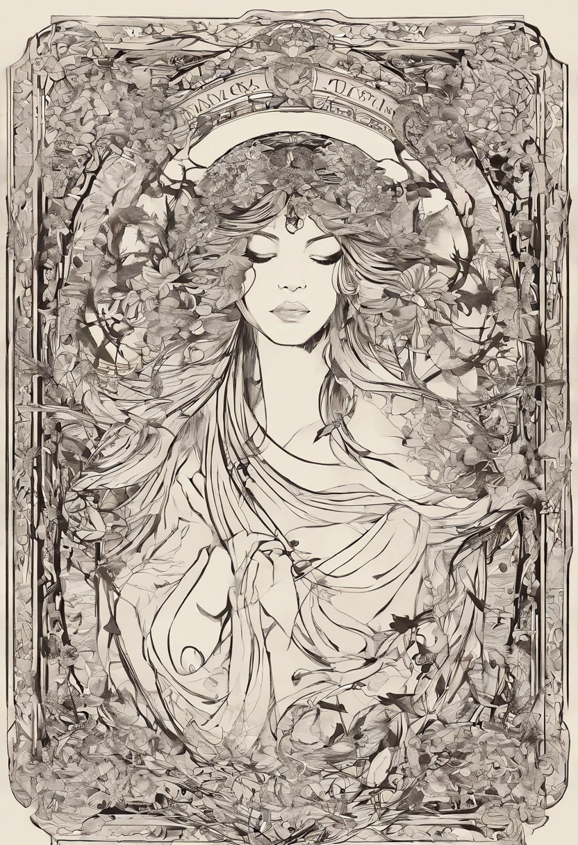 black and white line drawing painting , aquarius goddess、Weathered canvas and handwriting , (In the style of Takato Yamamoto:1.4)、highest quality、