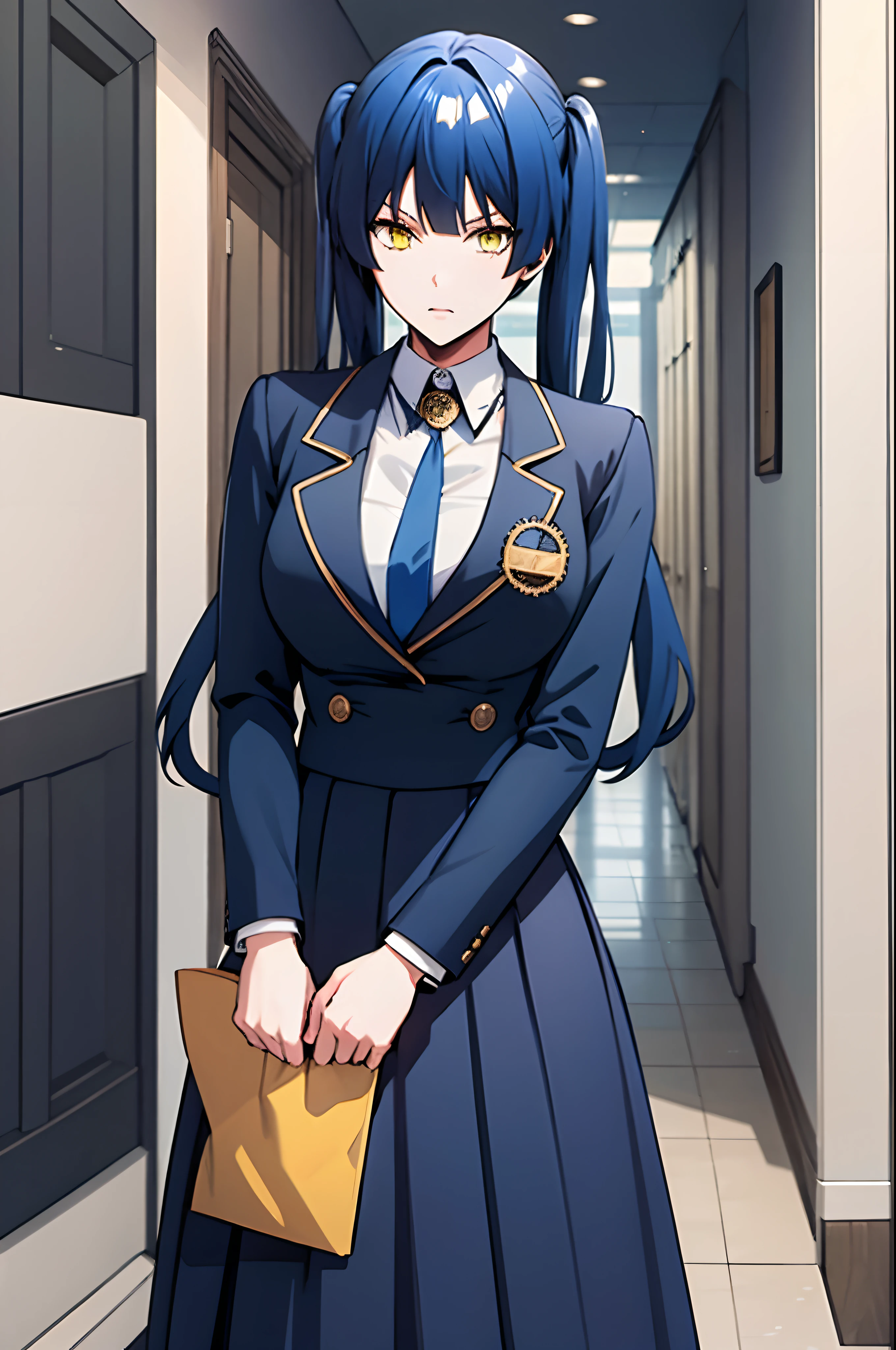 blue hair, yellow eyes, twintails, school uniform, shirt, very long skirt, suit