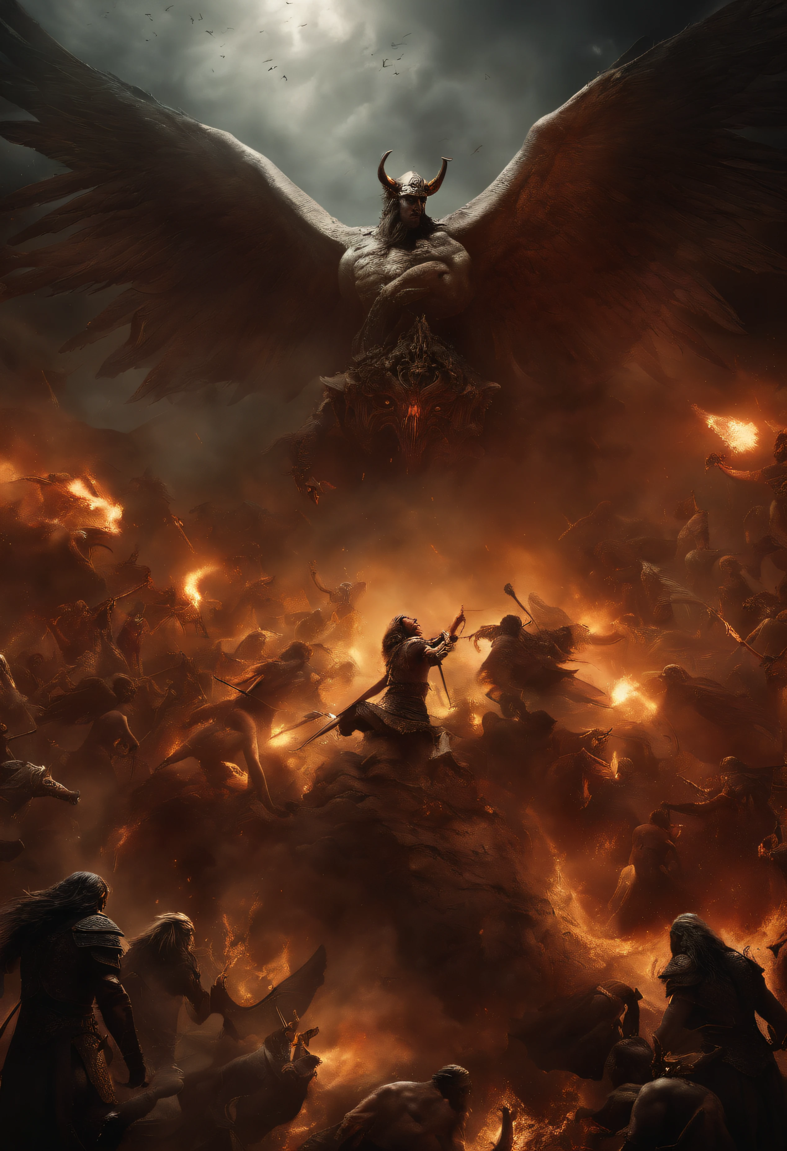 Compose a nightmarish battleground where angels and demons are locked in a ferocious and apocalyptic battle. Convey the chaos and brutality of this celestial clash with vivid and disturbing details. Show the angels radiating a heavenly, ethereal light as they fiercely combat the menacing, grotesque demons. The atmosphere should be suffused with dread and awe, as the two opposing forces engage in a battle that blurs the lines between salvation and damnation. Bring out the horror in this epic confrontation, making it a truly unsettling and unforgettable spectacle