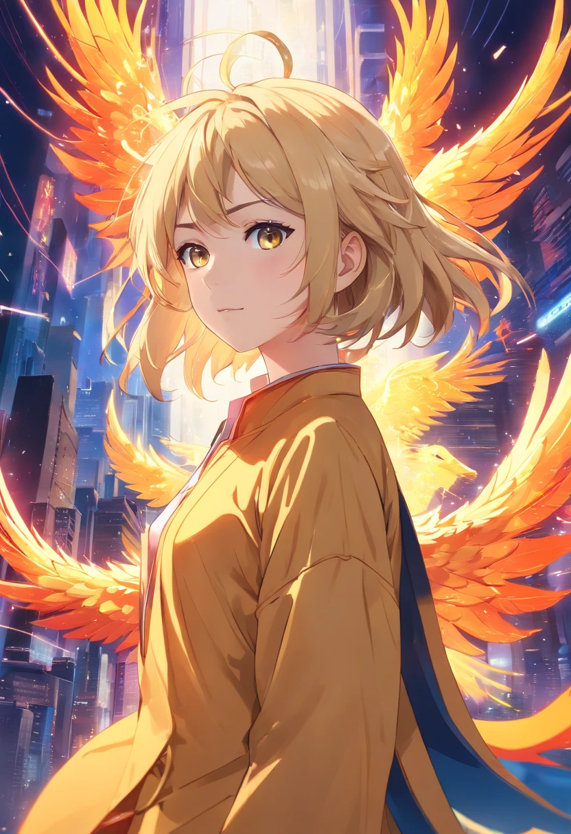 realistic, (masterpiece, top quality, best quality, official art, beautiful and aesthetic:1.2), extremely detailed,fractal art,colorful,highest detailed,zentangle,(abstract background:1.3) solo mature female , tall well build girl, (golden phoenix), blonde hair, bright eyes,hair slicked back, short hair, black robe,