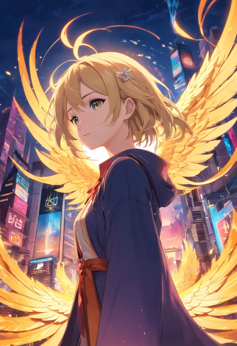 realistic, (masterpiece, top quality, best quality, official art, beautiful and aesthetic:1.2), extremely detailed,fractal art,colorful,highest detailed,zentangle,(abstract background:1.3) solo mature female , tall well build girl, (golden phoenix), blonde hair, bright eyes,hair slicked back, short hair, black robe,