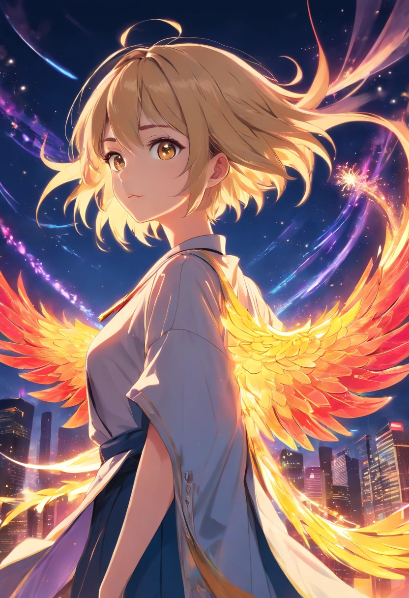 realistic, (masterpiece, top quality, best quality, official art, beautiful and aesthetic:1.2), extremely detailed,fractal art,colorful,highest detailed,zentangle,(abstract background:1.3) solo mature female , tall well build girl, (golden phoenix), blonde hair, bright eyes,hair slicked back, short hair, black robe,