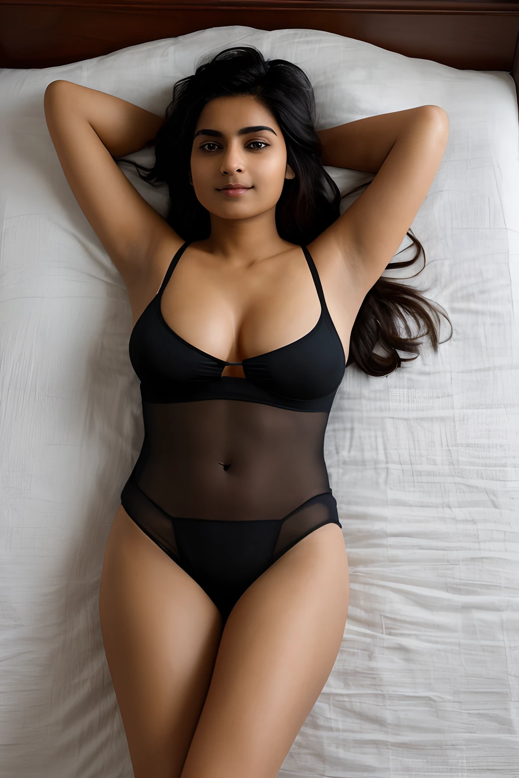 a perfect well-lit photo (closeup:1.15) (medium shot mobile photograph:0.6) photograph of a beautiful indian woman lying on the mattress, seductive pose, camera from above bed, big , wearing a seethrough transparent salwar, black hair, cleavale, her white panty and Bras visible, looking at me, coy slight smile