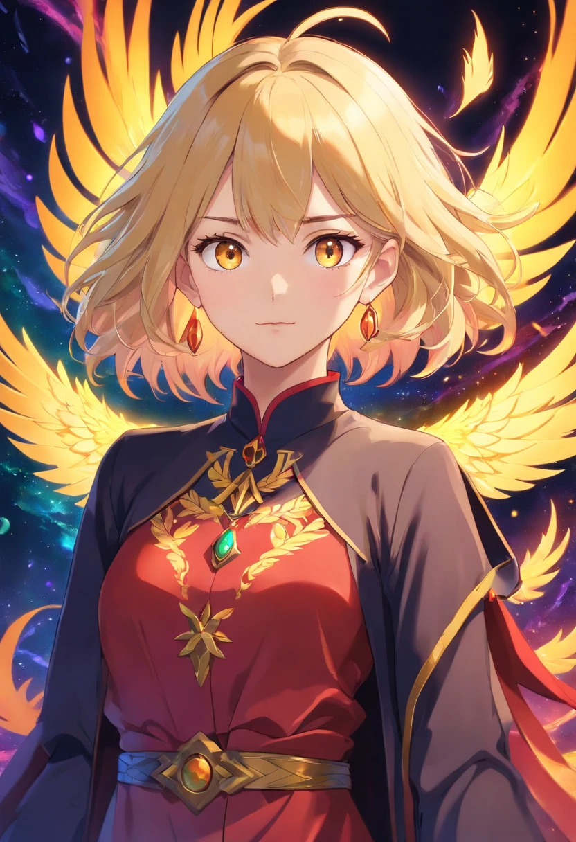 realistic, (masterpiece, top quality, best quality, official art, beautiful and aesthetic:1.2), extremely detailed,fractal art,colorful,highest detailed,zentangle,(abstract background:1.3) solo mature female , tall well build girl, (golden phoenix), blonde hair, bright eyes,hair slicked back, short hair, black robe,