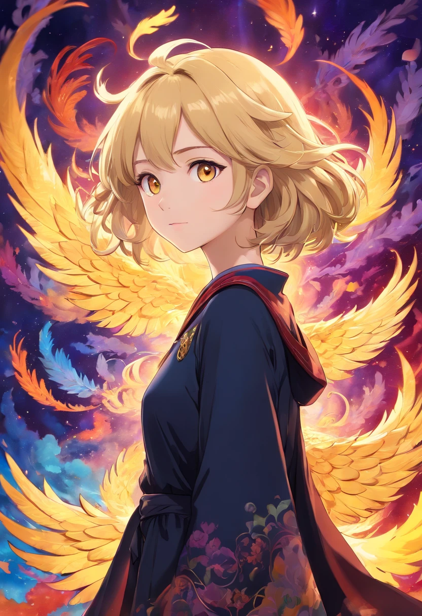 realistic, (masterpiece, top quality, best quality, official art, beautiful and aesthetic:1.2), extremely detailed,fractal art,colorful,highest detailed,zentangle,(abstract background:1.3) solo mature female , tall well build girl, (golden phoenix), blonde hair, bright eyes,hair slicked back, short hair, black robe,