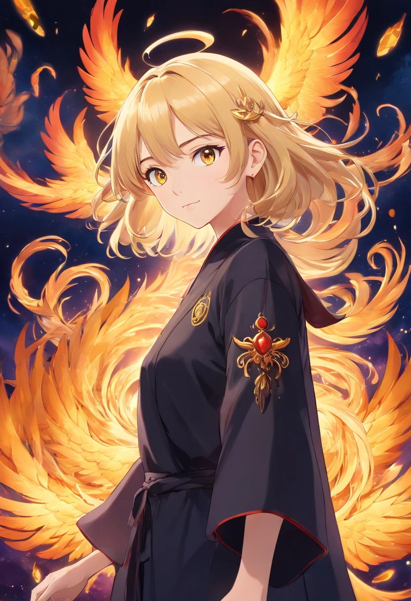 realistic, (masterpiece, top quality, best quality, official art, beautiful and aesthetic:1.2), extremely detailed,fractal art,colorful,highest detailed,zentangle,(abstract background:1.3) solo mature female , tall well build girl, (golden phoenix), blonde hair, bright eyes,hair slicked back, short hair, black robe,
