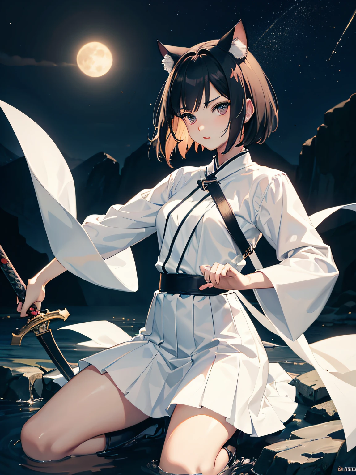 Anime girl with short hair and dark eyes, smooth anime cg art, Semi-realistic animation style, realistic anime artstyle, realistic anime artstyle, with short hair, kawaii realistic portrait, Portrait Anime Girl, anime realism style, realistic anime 3D style, Semi-realism animation, digital anime illustration, Realistic Young Animation, Girl Female Warrior, s whole body, Wielding a sword, cat ear, Long knives, fighting stance, White traditional hanbok, Skirt length medium, (Aegyo Sal:1), (Platinum Black Hair:1), ((puffy eyes)), boots, Night Background, the moon, mountains,