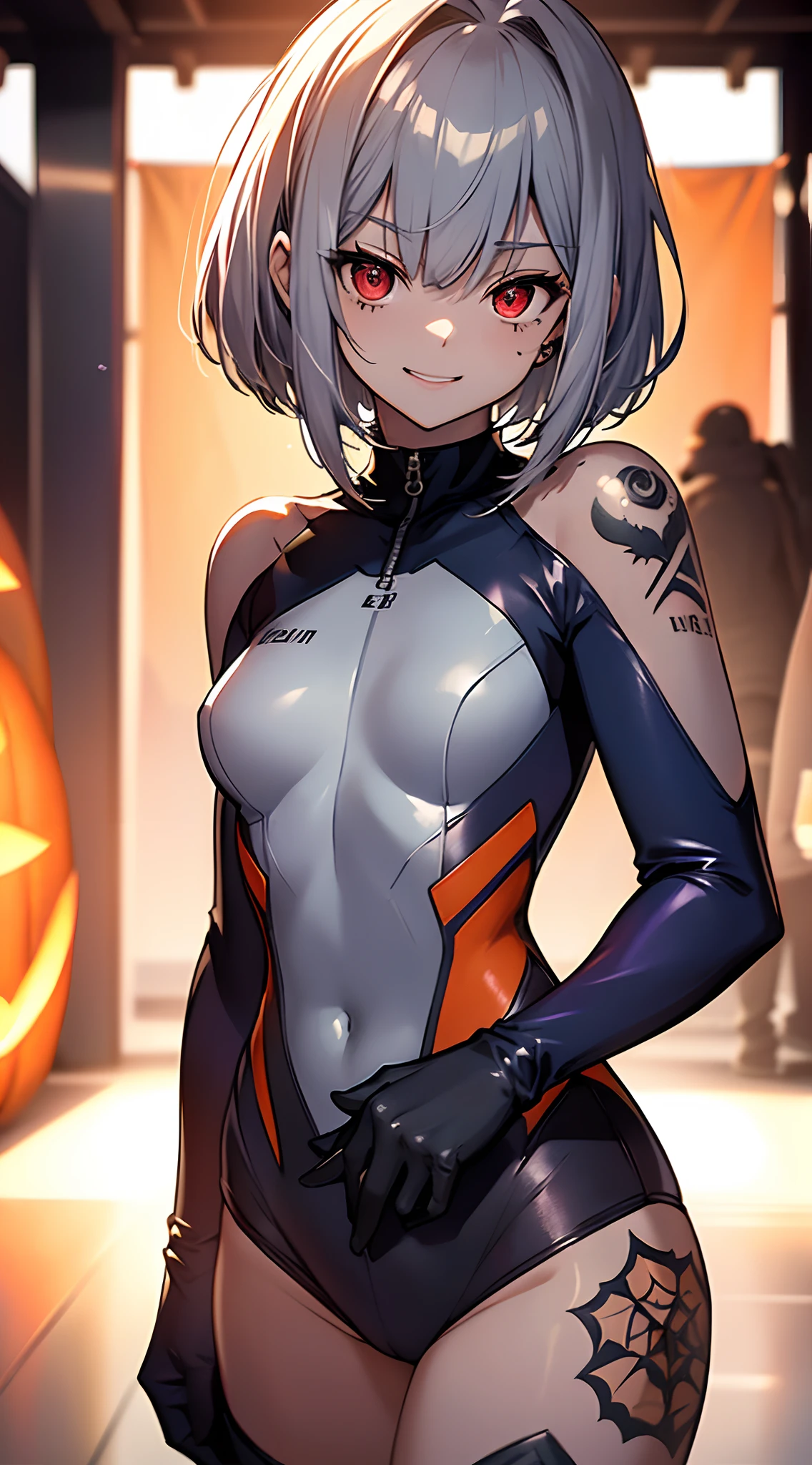 top-quality、Top image quality、in 8K,4K,masterpiece、(NSFW:1.1)、ultra-detailliert、Beautiful、ultra-quality、adult-like、Cool、girl with(((18year old、Halloween Costumes:1.3、Zero Suit 1:3、Bust 78、silber hair、a short bob、Red Eyes、erotick:1.4、Happiness、The tattoo)))、hiquality、visualart、Background with((Halloween 1.2))、masutepiece
