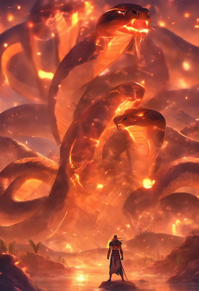 (((Giant cobra))) best quality, very high resolution, 4K detailed CG, master piece, Egyptian mythology, Apophis, apep, Ancient Egypt, cobra snake, cobra, cobra cobra, giant snake, night, river nile, stream, river , desert, Ancient Egypt, ((River of the underworld)), desert at night, aesthetics, Beautiful image, centered on the screen