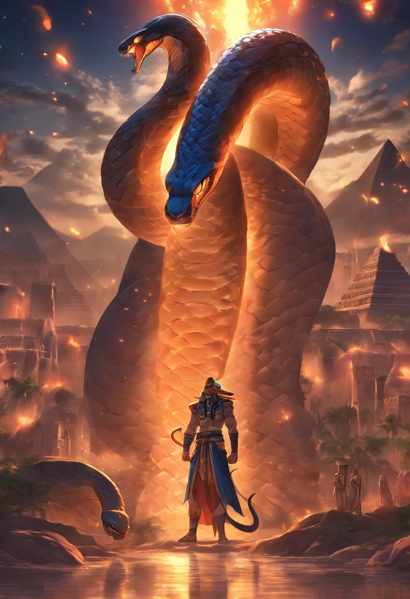 (((Giant cobra))) best quality, very high resolution, 4K detailed CG, master piece, Egyptian mythology, Apophis, apep, Ancient Egypt, cobra snake, cobra, cobra cobra, giant snake, night, river nile, stream, river , desert, Ancient Egypt, ((River of the underworld)), desert at night, aesthetics, Beautiful image, centered on the screen