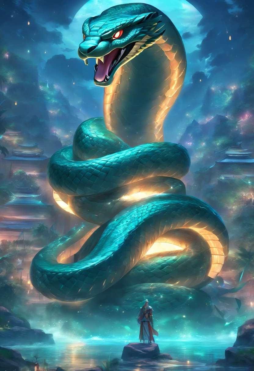 (((Giant cobra))) best quality, very high resolution, 4K detailed CG, master piece, Egyptian mythology, Apophis, apep, Ancient Egypt, cobra snake, cobra, cobra cobra, giant snake, night, river nile, stream, river , desert, Ancient Egypt, ((River of the underworld)), desert at night, aesthetics, Beautiful image, centered on the screen