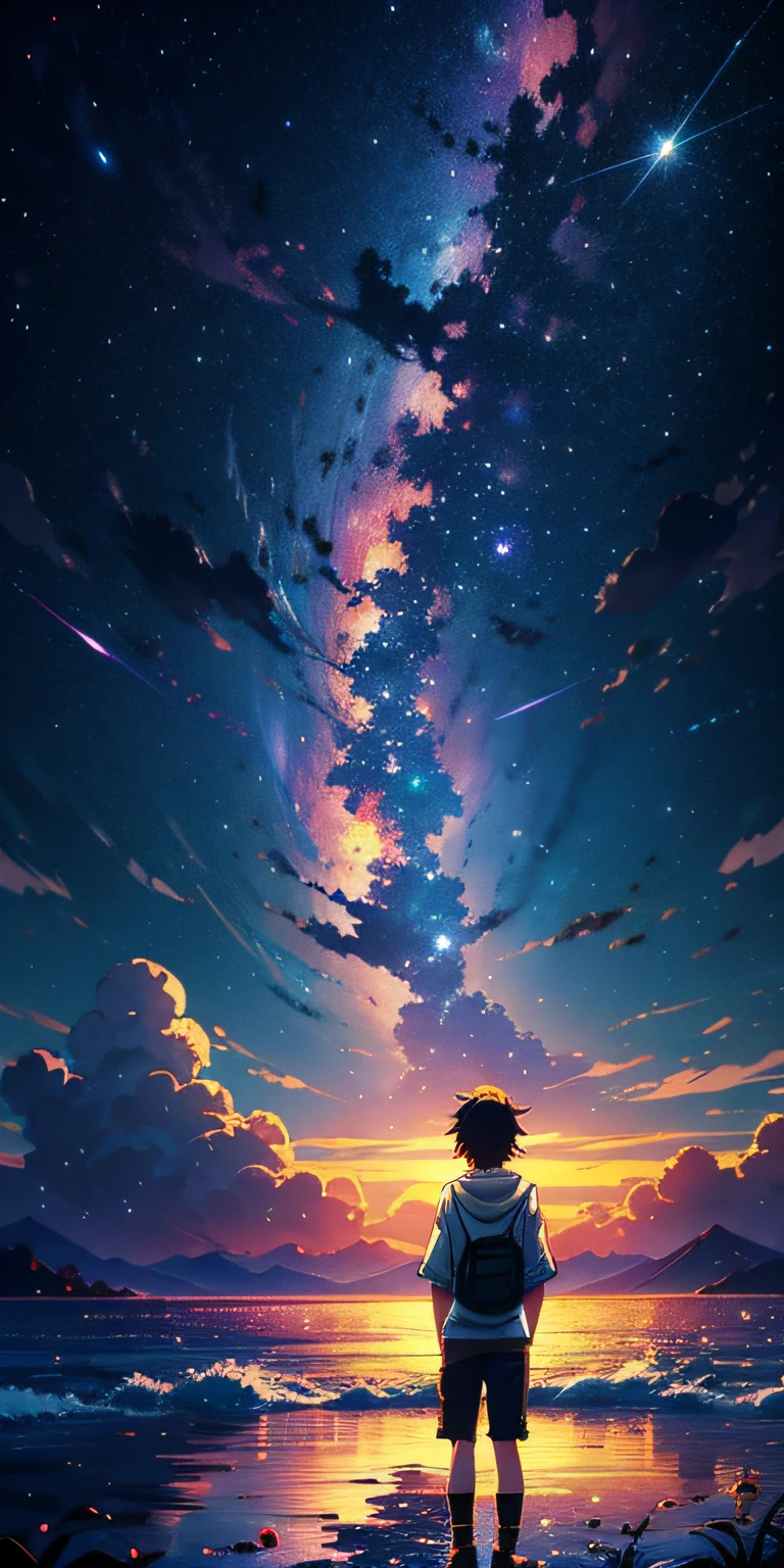 Anime wallpapers of a boy looking at a view of the sky and stars, cosmic skies. por makoto shinkai, Anime Art Wallpaper 4K, Anime Art Wallpaper 4K, Anime Art Wallpaper 8K, anime sky, paper awesome wallpaper, Anime Wallpaper 4k, 4k anime wallpapers, Papel de parede anime 4k, Makoto Shinkai Cirilo Rolando, arte de fundo do anime