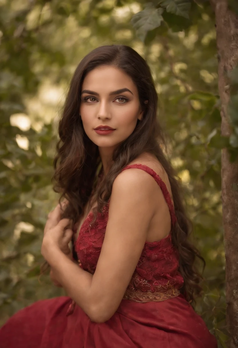 a woman ina green bikini witha flower
in her hair anda crown on her head,
1girl, solo, long hair, breasts,
looking_at viewer, black hair,
hair_ornament, navel, jewelry,
medium breasts, standing, swimsuit,
flower, bikini, cowboy shot, hair flower,
dark skin, lips, nature, forest, realistic