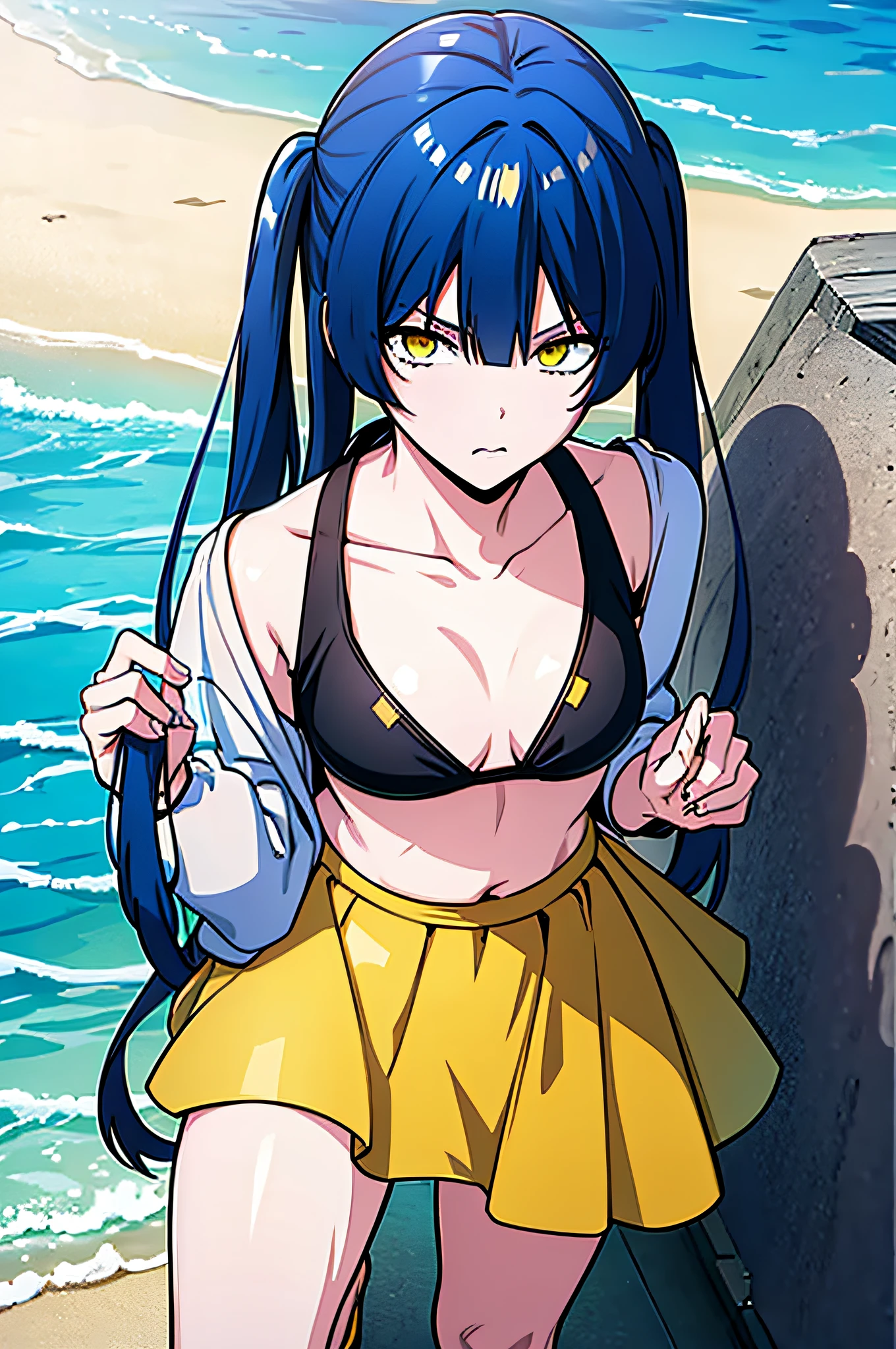 blue hair, yellow eyes, twintails, bikini,beach,