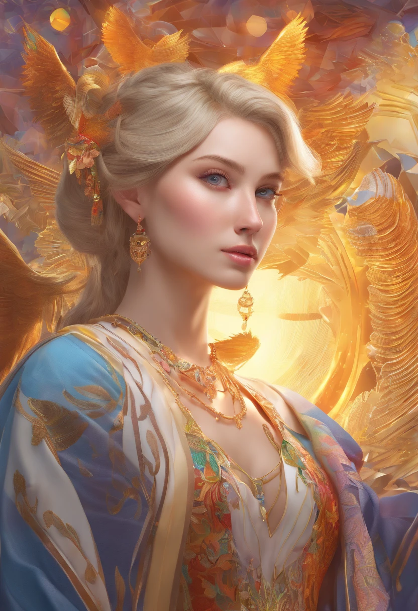 realistic, (masterpiece, top quality, best quality, official art, beautiful and aesthetic:1.2), extremely detailed,fractal art,colorful,highest detailed,zentangle,(abstract background:1.3) solo mature female , tall well build girl, (golden phoenix), blonde hair, bright eyes,hair slicked back, short hair, black robe,