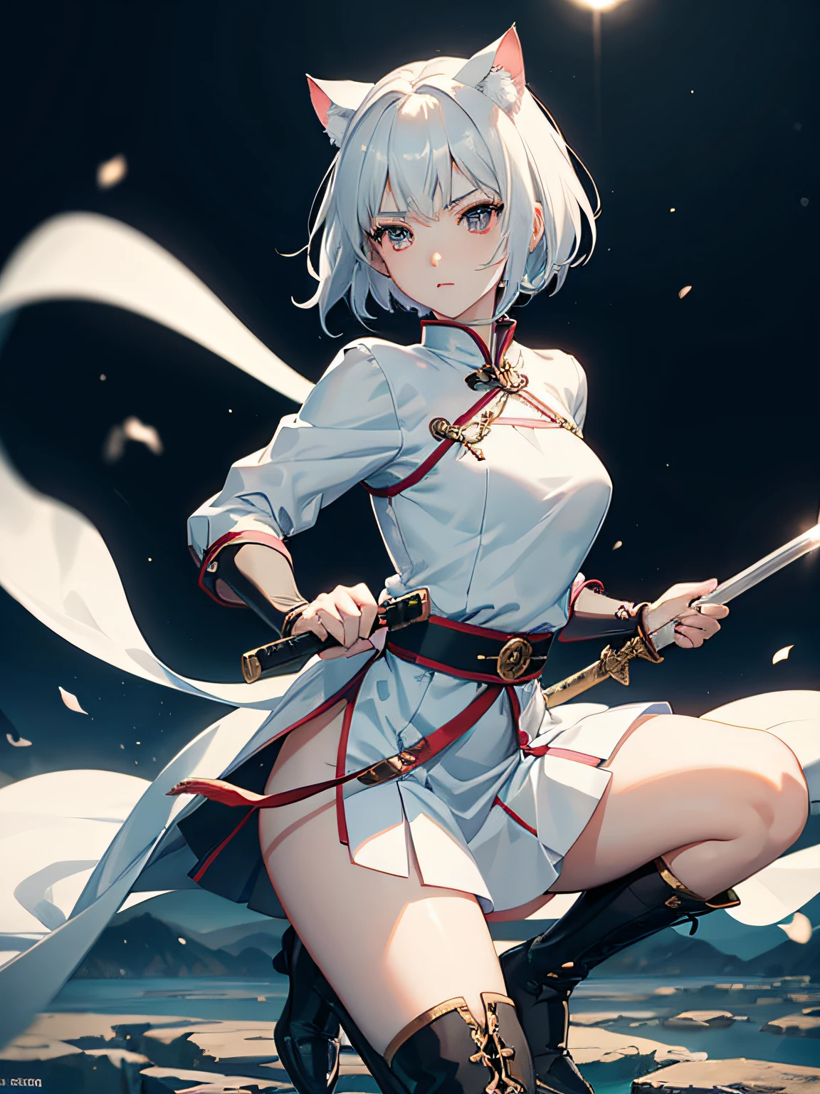 Anime girl with short hair and dark eyes, smooth anime cg art, Semi-realistic animation style, realistic anime artstyle, realistic anime artstyle, with short hair, kawaii realistic portrait, Portrait Anime Girl, anime realism style, realistic anime 3D style, Semi-realism animation, digital anime illustration, Realistic Young Animation, Girl Female Warrior, s whole body, Wielding a sword, cat ear, Long knives, fighting stance, White traditional hanbok, Skirt length medium, (Aegyo Sal:1), (Platinum Black Hair:1), ((puffy eyes)), boots, Night Background, the moon, mountains,