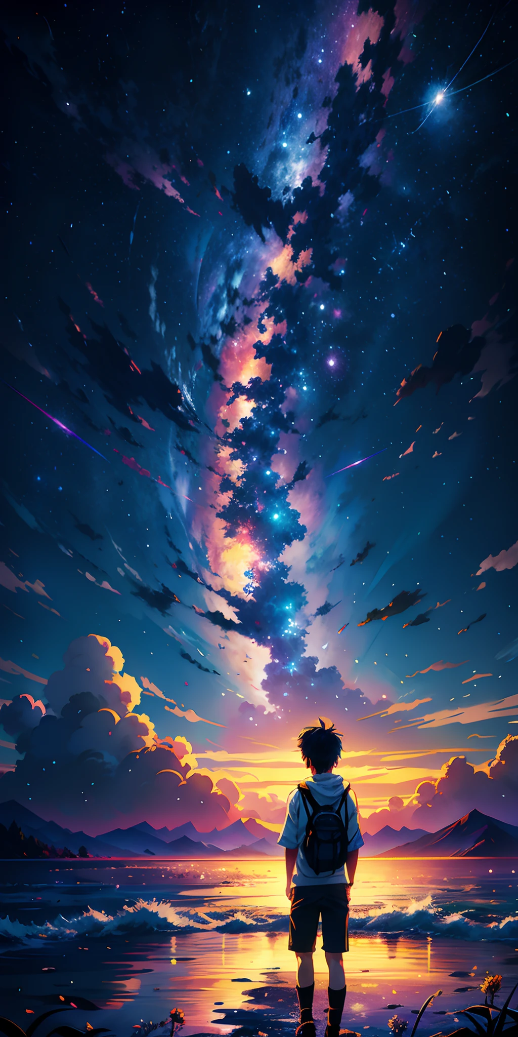 Anime wallpapers of a boy looking at a view of the sky and stars, cosmic skies. Por Makoto Shinkai, Anime Art Wallpaper 4K, Anime Art Wallpaper 4K, Anime Art Wallpaper 8K, anime sky, paper awesome wallpaper, 4k anime wallpapers, 4k anime wallpapers, papel de parede anime 4k, Makoto Shinkai Cirilo Rolando, arte de fundo do anime