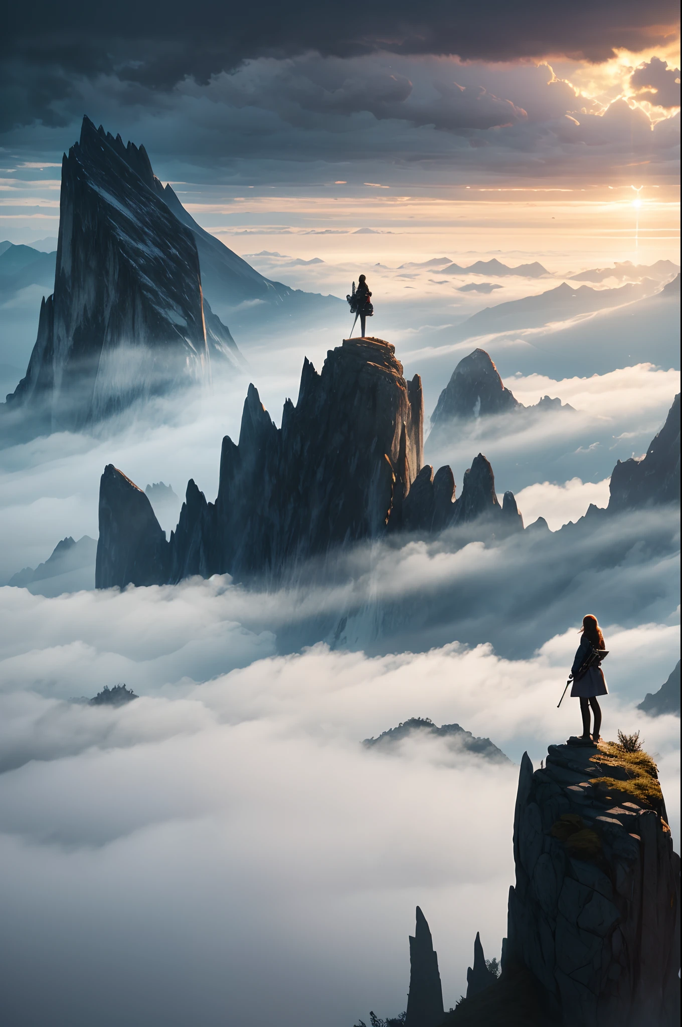 Top light, far view (shot from top down), girl, armed with weapon, outdoor, mountain top, standing, fog ,oriental dragon, sky, cloudy sky, fog,