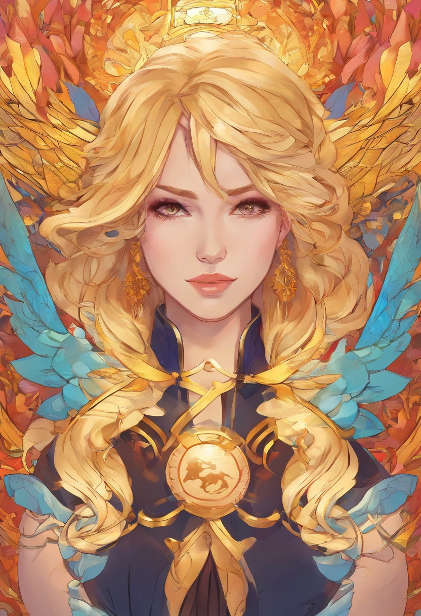 realistic, (masterpiece, top quality, best quality, official art, beautiful and aesthetic:1.2), extremely detailed,fractal art,colorful,highest detailed,zentangle,(abstract background:1.3) solo mature female , tall well build girl, (golden phoenix), blonde hair, bright eyes,hair slicked back, short hair, black robe,