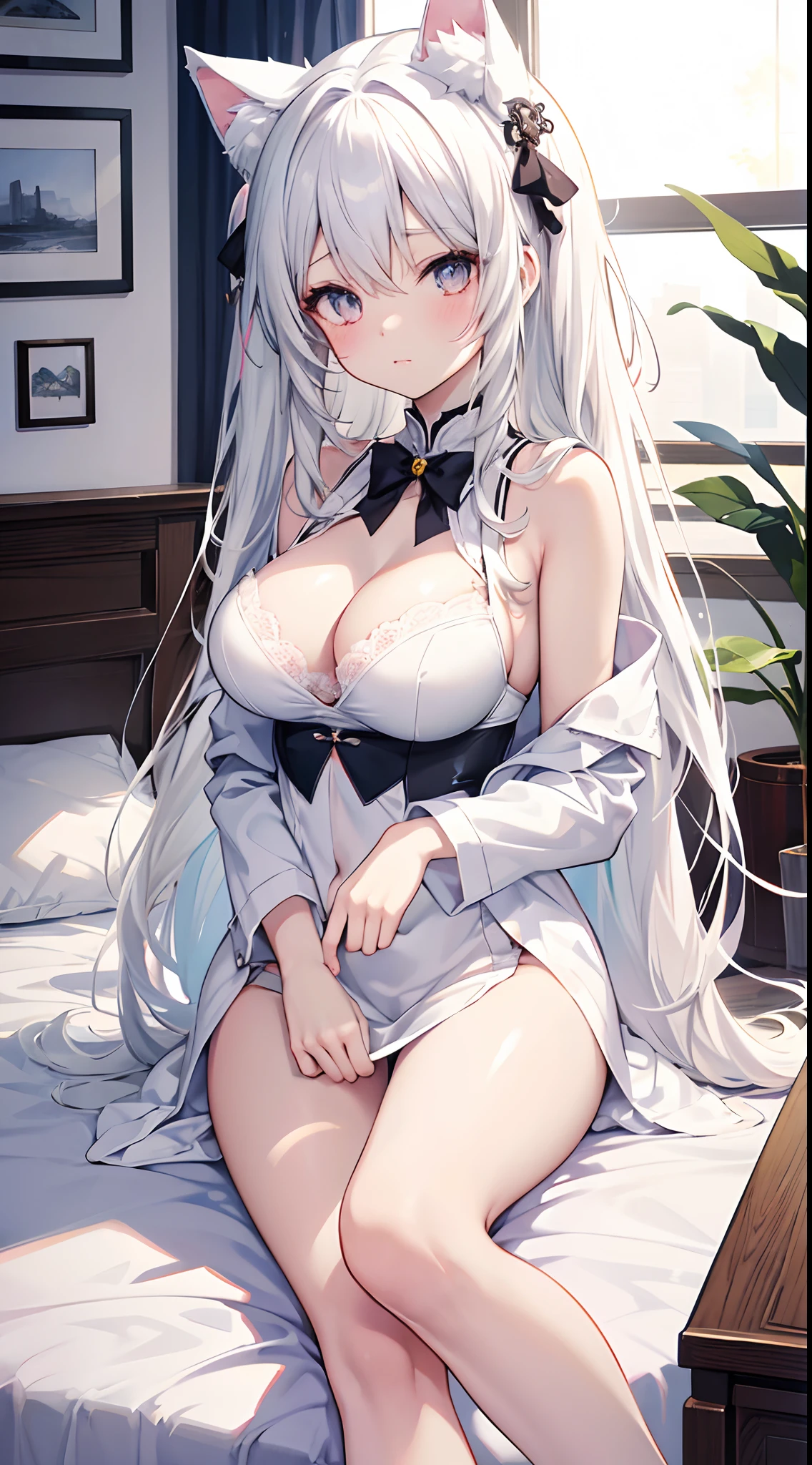 Anime Cat Ear Girl,white color hair,Long whit hair,White lace bra,White lace panties,Colossal tits,Practice leg height in the bedroom, Lori huge breasts cleavage, Guviz-style artwork, Guweiz in Pixiv ArtStation, guweiz on artstation pixiv, Guviz, small loli girl, soft anime illustration, Anime visuals of cute girls, Detailed Digital Anime Art