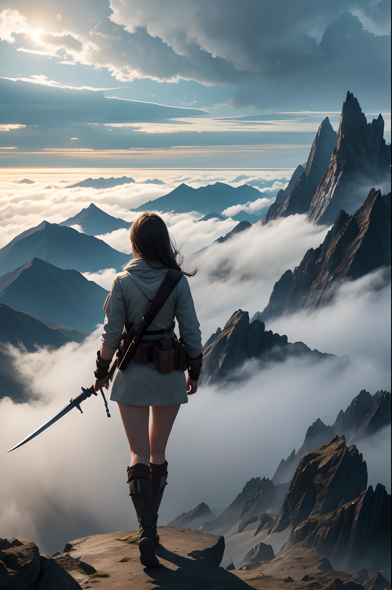 Top light, far view (shot from top down), girl, armed with weapon, outdoor, mountain top, standing, fog ,oriental dragon, sky, cloudy sky, fog,