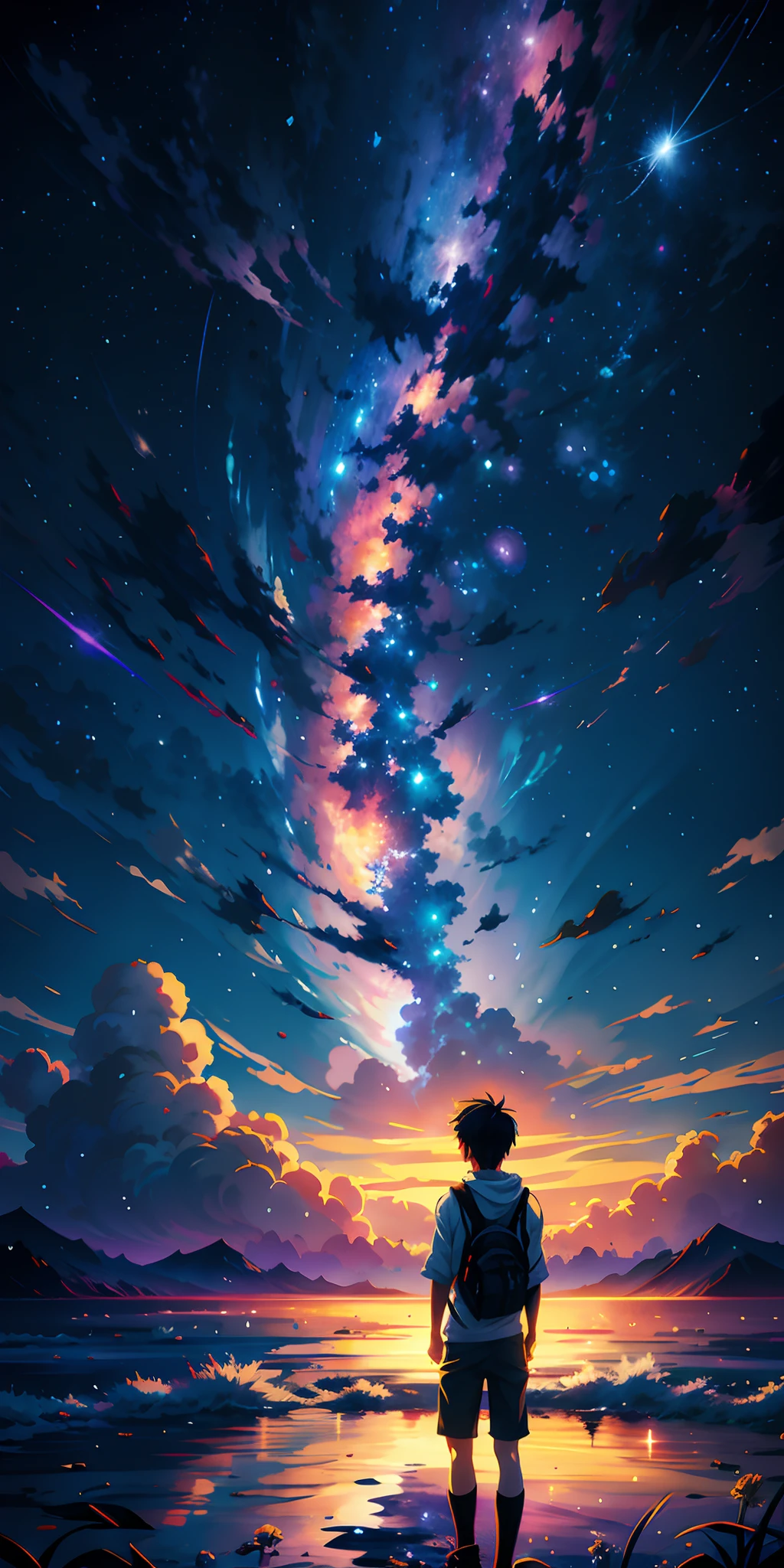 Anime wallpapers of a boy looking at a view of the sky and stars, cosmic skies. Por Makoto Shinkai, Anime Art Wallpaper 4K, Anime Art Wallpaper 4K, Anime Art Wallpaper 8K, anime sky, paper awesome wallpaper, 4k anime wallpapers, 4k anime wallpapers, papel de parede anime 4k, Makoto Shinkai Cirilo Rolando, arte de fundo do anime