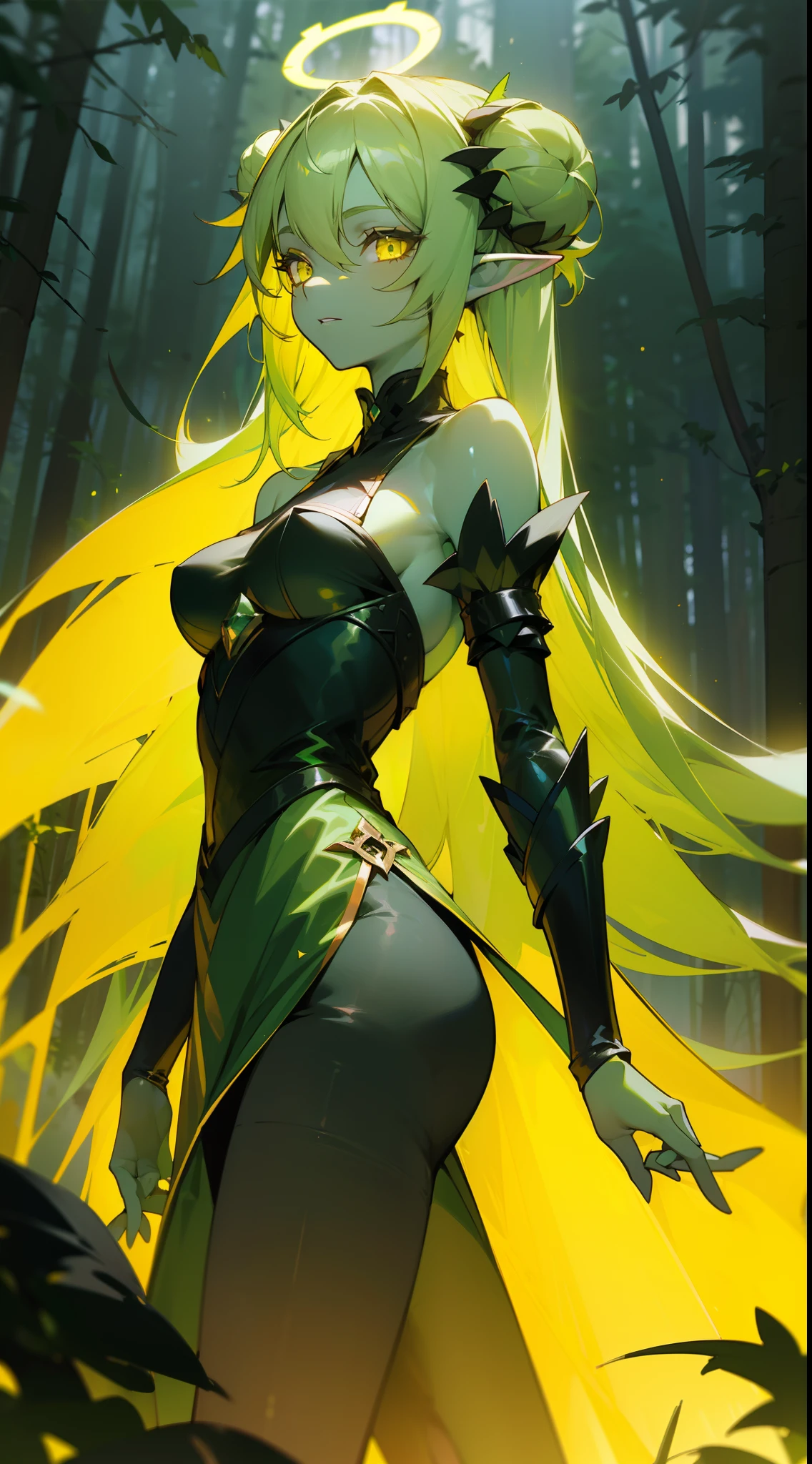 1girl,solo,(((green skin,colored skin))),medium breasts,green hair,((long hair)),double bun,elf ears,yellow eyes, empress of nature dress,black pantyhose,(((yellow halo))),((night in forest)), (night)