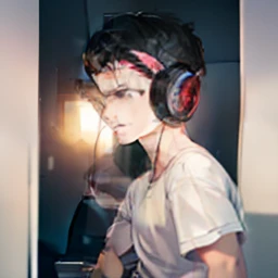 Masterpiece, high quality, best quality, HD, realistic, perfect lighting, detailed body, 1 man, short black hair, white t-shirt, calm expression, wearing headphones, facing the computer monitor, in the room