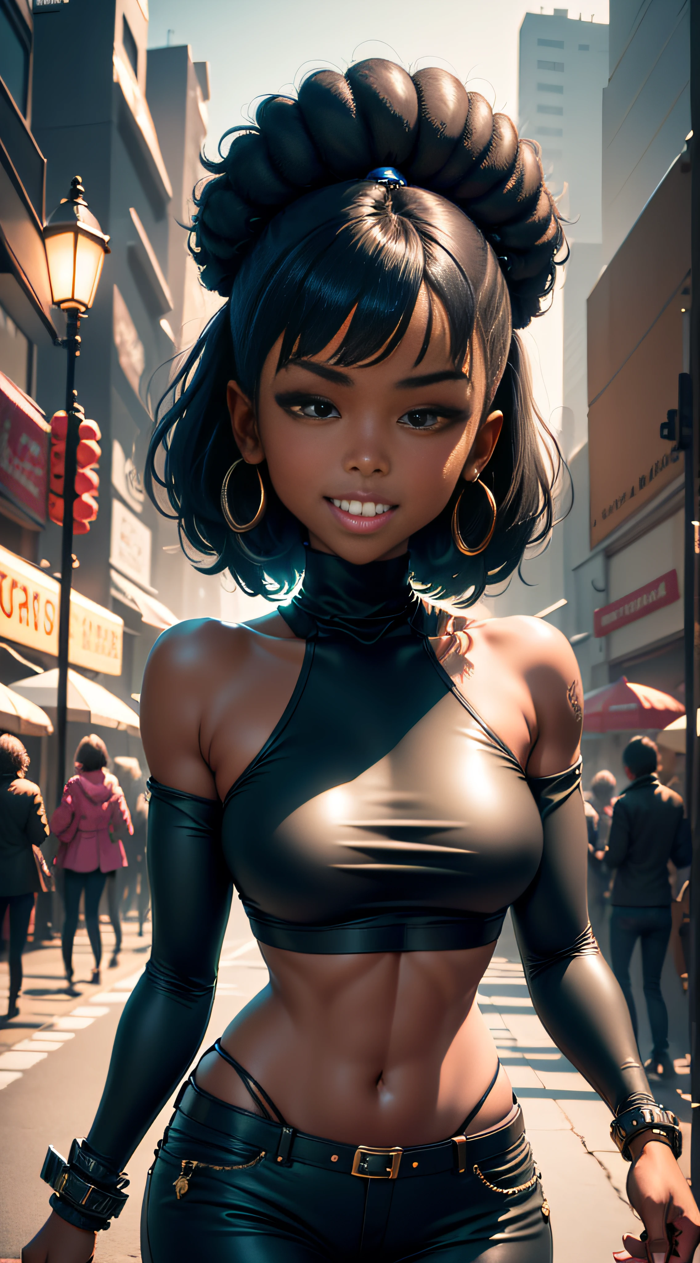 masterpiece, best quality, a dark skinned black woman wearing a detailed green turtle neck sweater with a intricate black cruiser jacket with blue jeans at a street party at night, asymmetrical afro haircut, jacket off one shoulders, midriff, smile, teeth, insane ultra hires, extreme intricate details, tooth gap, round ass HDR, natural lighting, volumetric shading, dynamic pose, Hyperrealistic, realistic lighting, dramatic shadows, hard focus, high contrast, dramatic perspective dramatic shadows