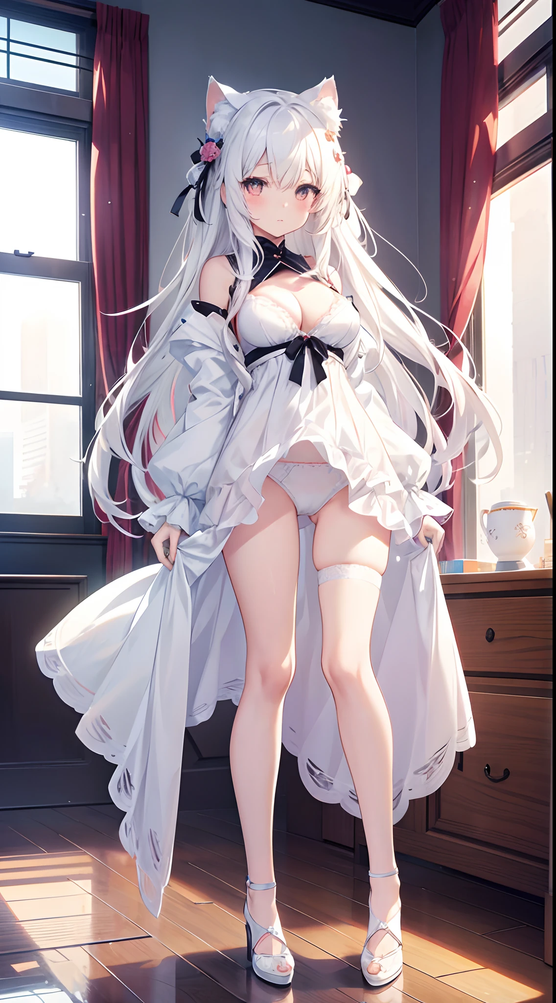 Anime Cat Ear Girl,white color hair,Long whit hair,White lace bra,White lace panties,Colossal tits,Practice leg height in the bedroom, Lori huge breasts cleavage, Guviz-style artwork, Guweiz in Pixiv ArtStation, guweiz on artstation pixiv, Guviz, small girl, soft anime illustration, Anime visuals of cute girls, Detailed Digital Anime Art