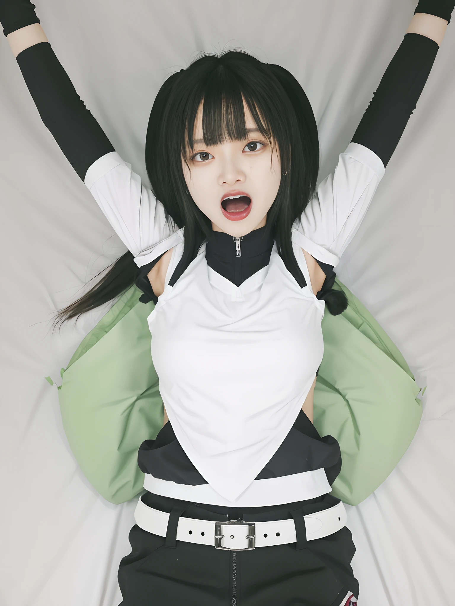 tmasterpiece, Best quality at best, 1girll, 独奏, teardrop, Be red in the face, dreads, scream, and the tongue sticks out, laughingly, with her mouth open, roll eyes, head looking up, full bodyesbian, Armpits, Arms up, (Torso grab, Tickle, mitts, Intangible limbs:1.2), TKL