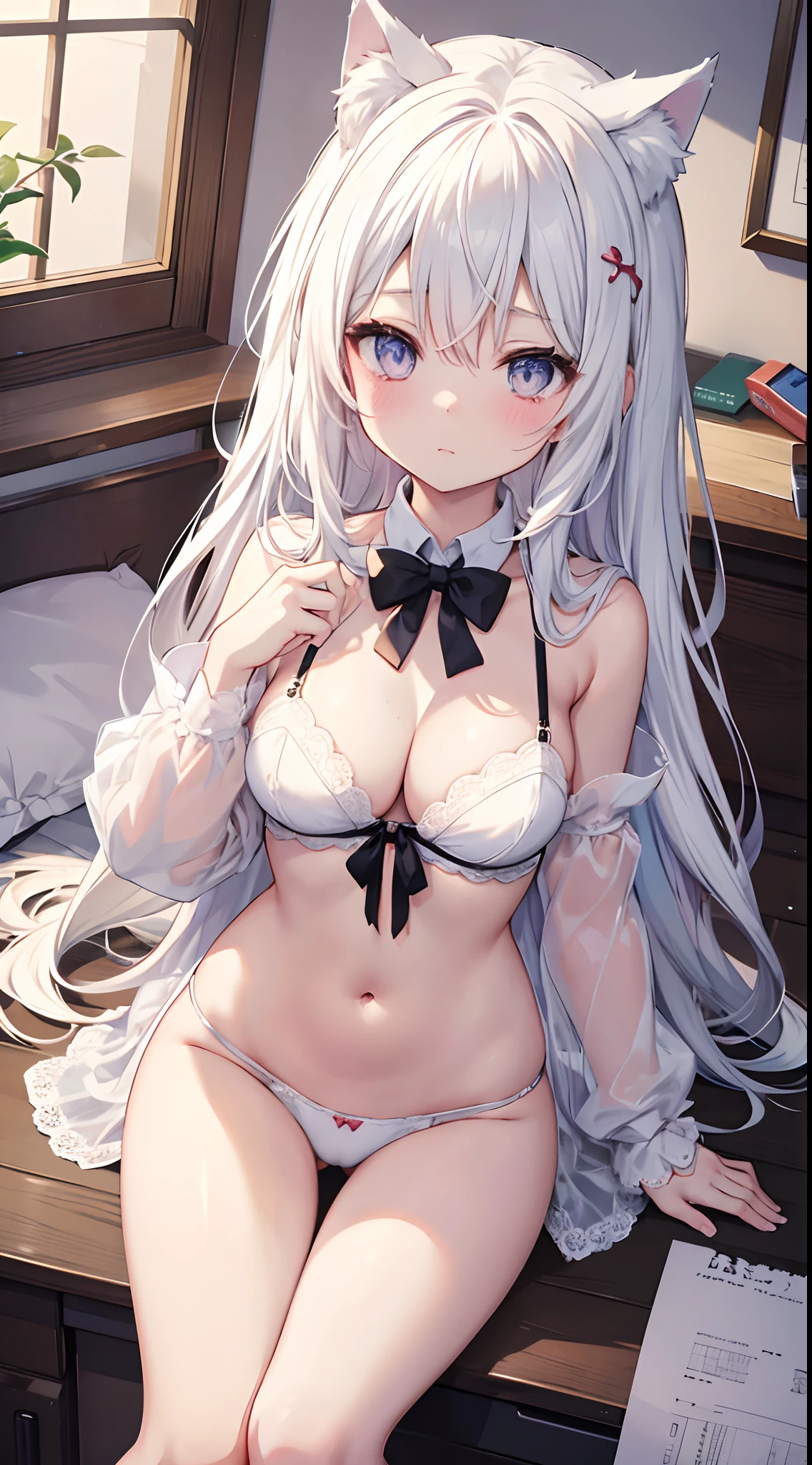 Anime Cat Ear Girl，white color hair，Long whit hair，White lace bra，White lace panties，Colossal tits，Practice leg height in the bedroom, Lori huge breasts cleavage, Guviz-style artwork, Guweiz in Pixiv ArtStation, guweiz on artstation pixiv, Guviz, small loli girl, soft anime illustration, Anime visuals of cute girls, Detailed Digital Anime Art