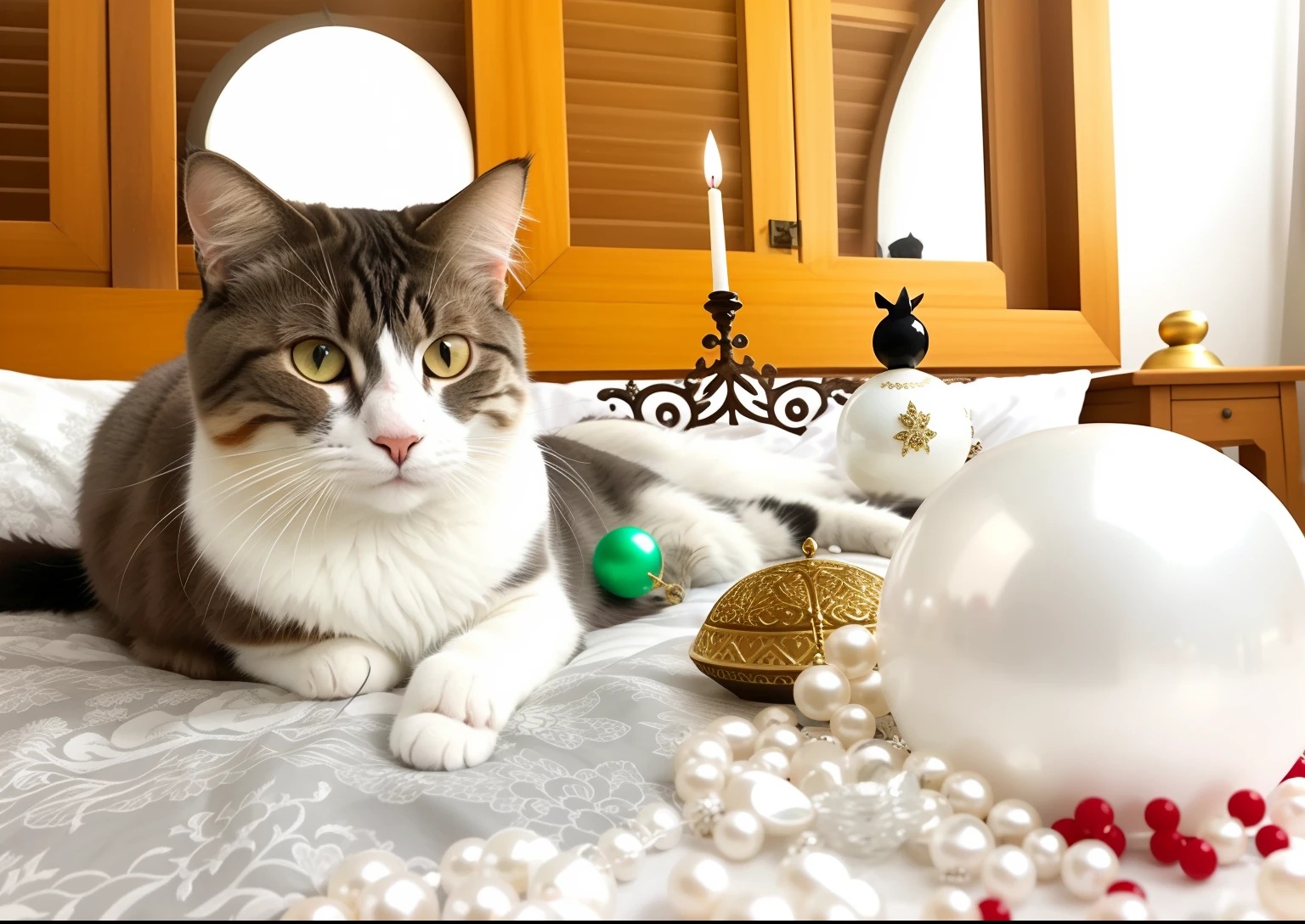 There is a cat that is lying on a bed with a ball, beautiful animal pearl queen, cat on the table in front of her, gato na mesa, mystical feeling, Clima de paz, gato elegante, Branco ( Gato ) garota, Magical sensation, Retrato de um gato como um pirata, peludo bonito precisa de sua ajuda, cat with a pearl earring