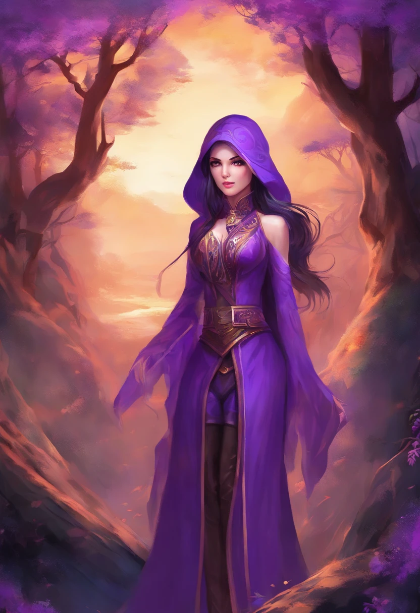 (((vivid purple eyes))), Half-elf female mage, Casaco Preto, (mangas roxas), (tight gray pants), (purple silk scarf), tied back silky shoulder length detailed black hair, (dark gothic makeup), pele castanha muito clara, (seios enormes), pequenas orelhas pontudas, quadris largos, figura da ampulheta, big booty, (Persa)