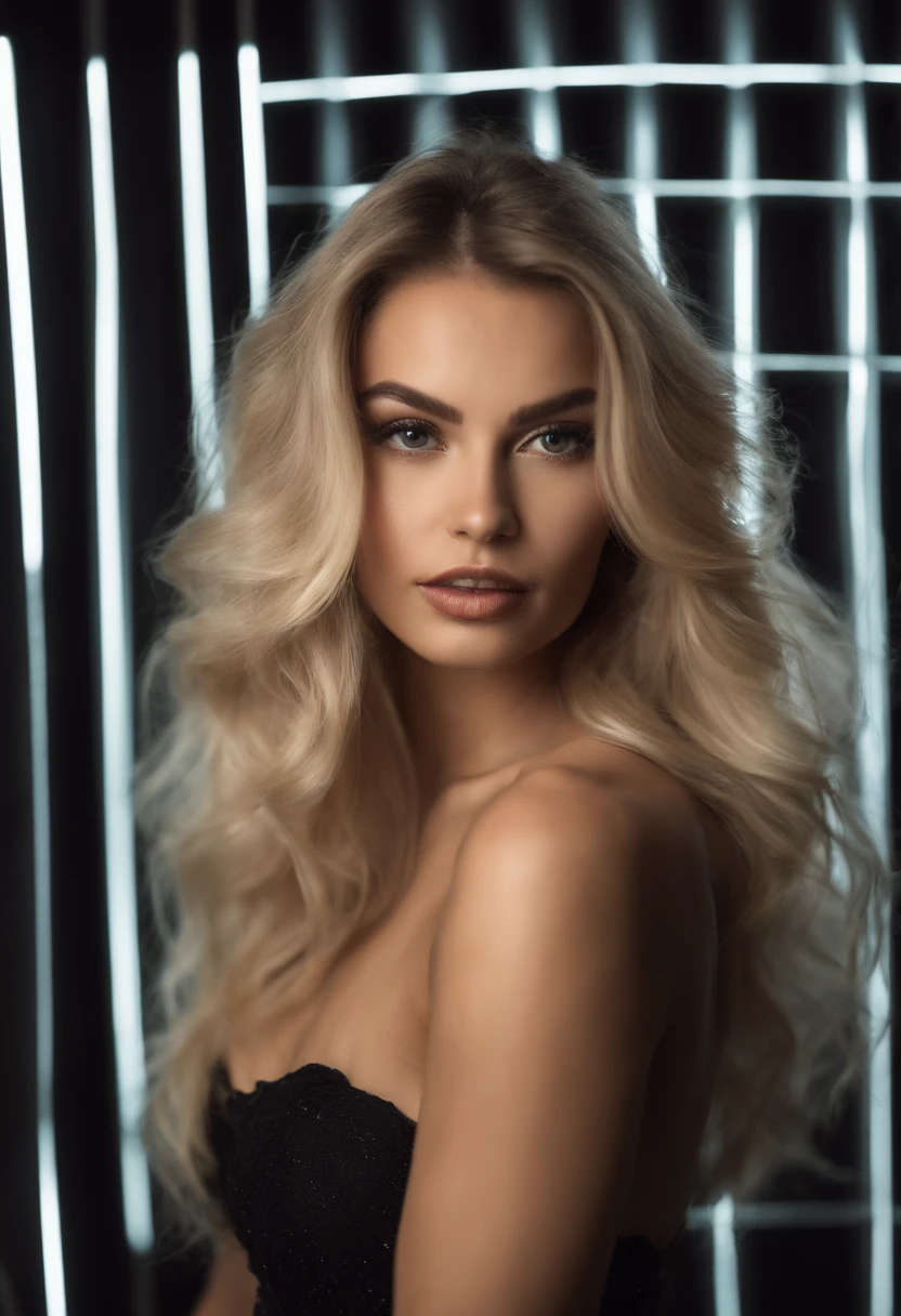 arafed woman fully , sexy girl with blue eyes, ultra realistic, meticulously detailed, portrait sophie mudd, blonde hair and large eyes, selfie of a young woman, bedroom eyes, violet myers, without makeup, natural makeup, looking directly at the camera, face with artgram, subtle makeup, stunning full body shot, standing in a nightclub, little black dress, small size bust