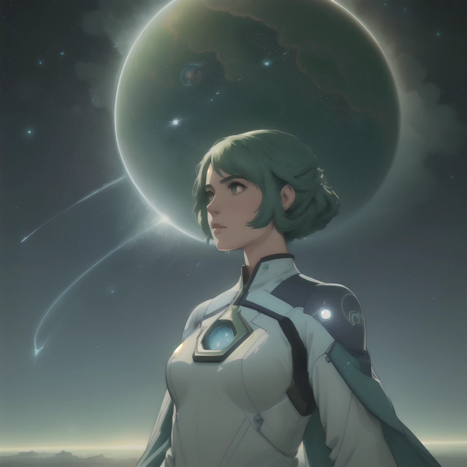 a green hair, cute female, blue astrosuit, awe-inspiring celestial scenes, distant star systems, ethereal nebulae, grandeur of the universe, surreal landscape, digital, cinematic, sci-fi, by Dean Ellis and Federico Pelat